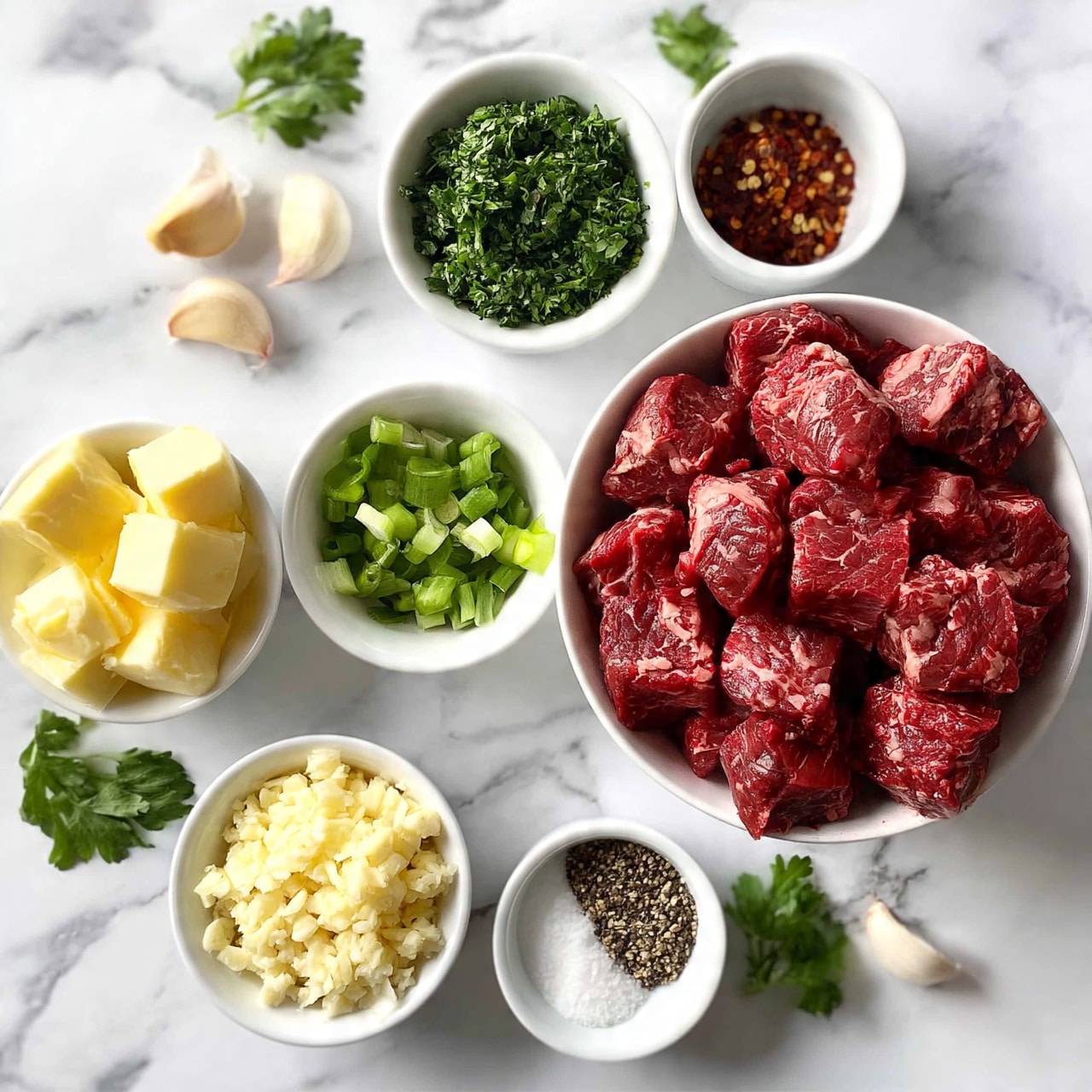 square image The image shows an overhead view of several small white bowls arranged on a white marbled surface. The largest bowl is filled with red, raw beef chunks with visible marbling, placed on the right side. Above it, one bowl contains finely chopped green herbs, and another small bowl next to it has red pepper flakes. Below the herb bowl, there is a bowl with green sliced scallions. To the left of the beef, a bowl with cubes of yellow butter is shown. Near the bottom left, a bowl filled with finely minced garlic is visible. Two small bowls contain white salt and black pepper. Some whole garlic cloves and green parsley leaves are scattered around the bowls. Photo taken with an iphone --ar 4:5 --v 7