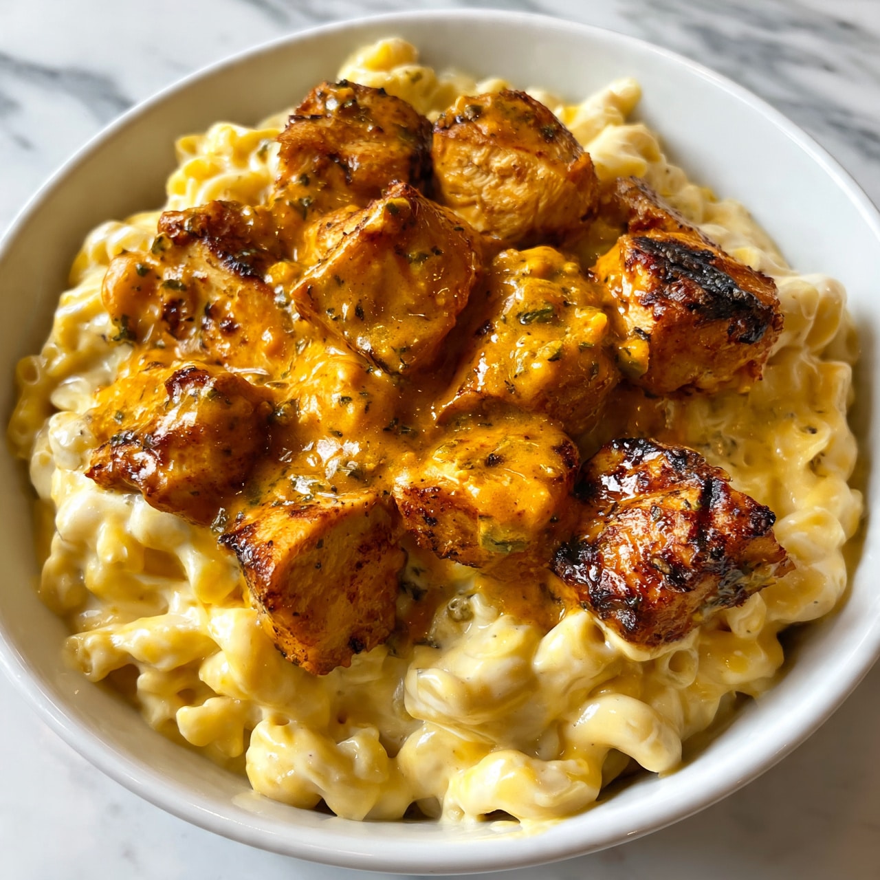 square image A white bowl filled with creamy macaroni and cheese, the pasta each piece coated in a smooth, rich yellow cheese sauce. On top, there are chunks of grilled chicken pieces that are golden brown with a slightly charred texture, covered in a shiny, thick orange sauce with visible herbs and spices. The bowl is placed on a white marbled surface. photo taken with an iphone --ar 4:5 --v 7