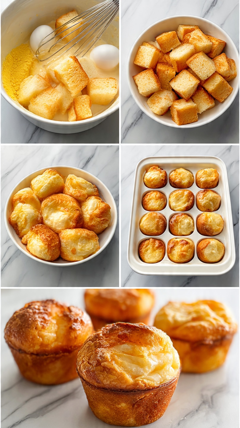 square image The image shows a step-by-step process of making a baked dessert on a white marbled surface. It starts with a white bowl filled with large cubes of cake being mixed with a light yellow mixture in a white bowl with a whisk, where whole eggs and a yellow powder are visible. This is followed by a white round dish filled with the soaked cake cubes arranged evenly. Next, twelve portions of the mixture are placed in a white muffin tray, each about three-quarters full. After baking, the muffins turn golden brown with a crisp top. The final image shows a close-up of three muffins, with a slightly rough golden crust and soft interior, on the white marbled surface. photo taken with an iphone --ar 4:5 --v 7square image