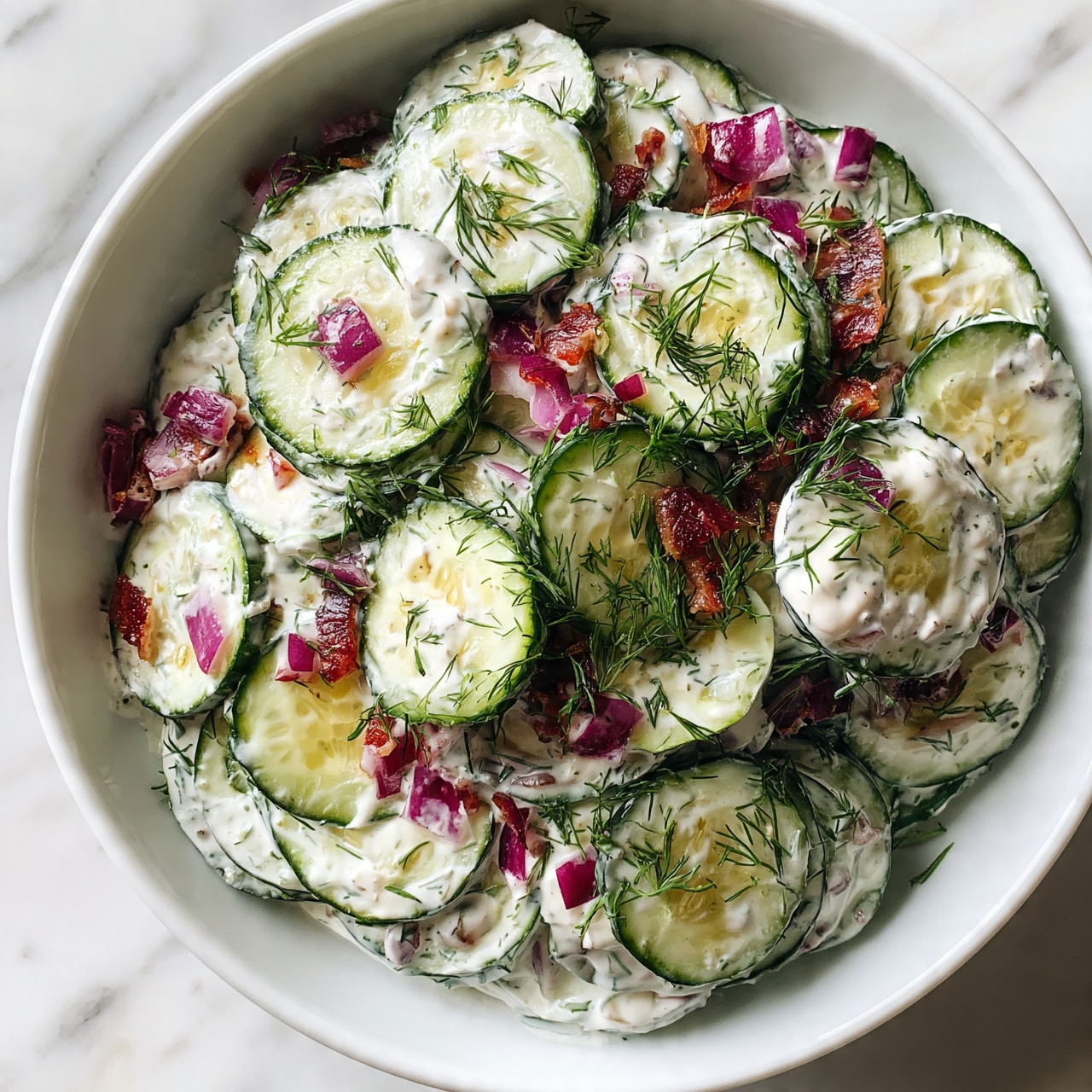 square image A white bowl filled with a layered salad starting from the bottom with thinly sliced cucumber rounds that are pale green with darker green edges, topped with a creamy white sauce mixed through the cucumbers. Scattered among the cucumbers are small pieces of red onion, bright purple in color, along with bits of crispy bacon in reddish-brown shades. Fresh green dill herbs are sprinkled across the top, adding a fresh, feathery texture. The creamy sauce has a smooth texture and coats the ingredients lightly. The bowl sits on a white marbled surface. Photo taken with an iphone --ar 4:5 --v 7