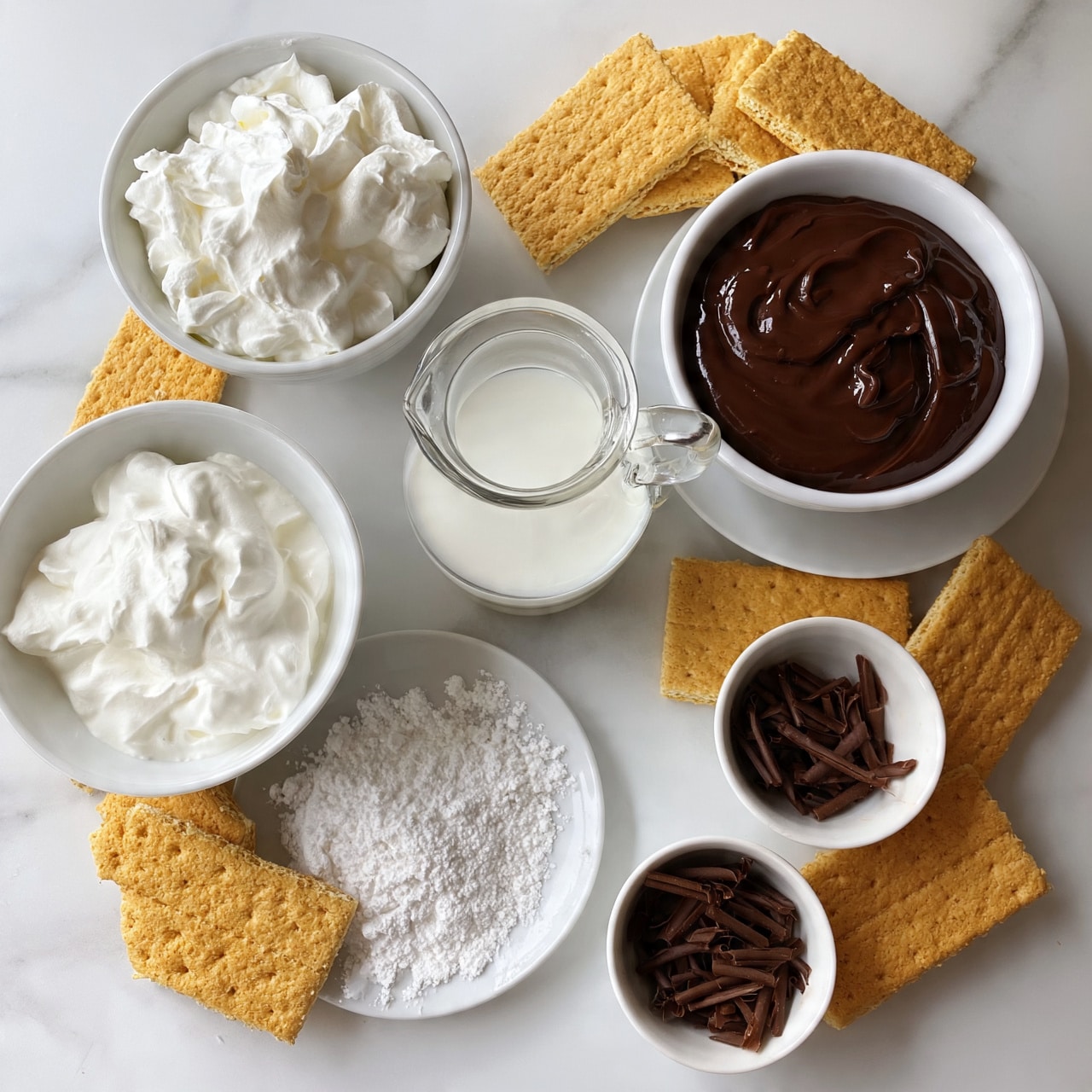 No-Bake Eclair Cake Recipe 4 square image The image shows six small white bowls and plates on a white marbled texture. One bowl is filled with white whipped cream with soft peaks, another contains smooth dark chocolate pudding with swirled texture, and a third has fine white powder. A clear glass jug holds a white liquid, likely milk, sitting near the center. Two small white bowls at the bottom right contain thin dark chocolate curls. Surrounding the bowls are several rectangular golden-brown graham crackers arranged neatly in groups. The whole scene is clean and bright, focused on the varied textures and light colors of the ingredients. photo taken with an iphone --ar 4:5 --v 7
