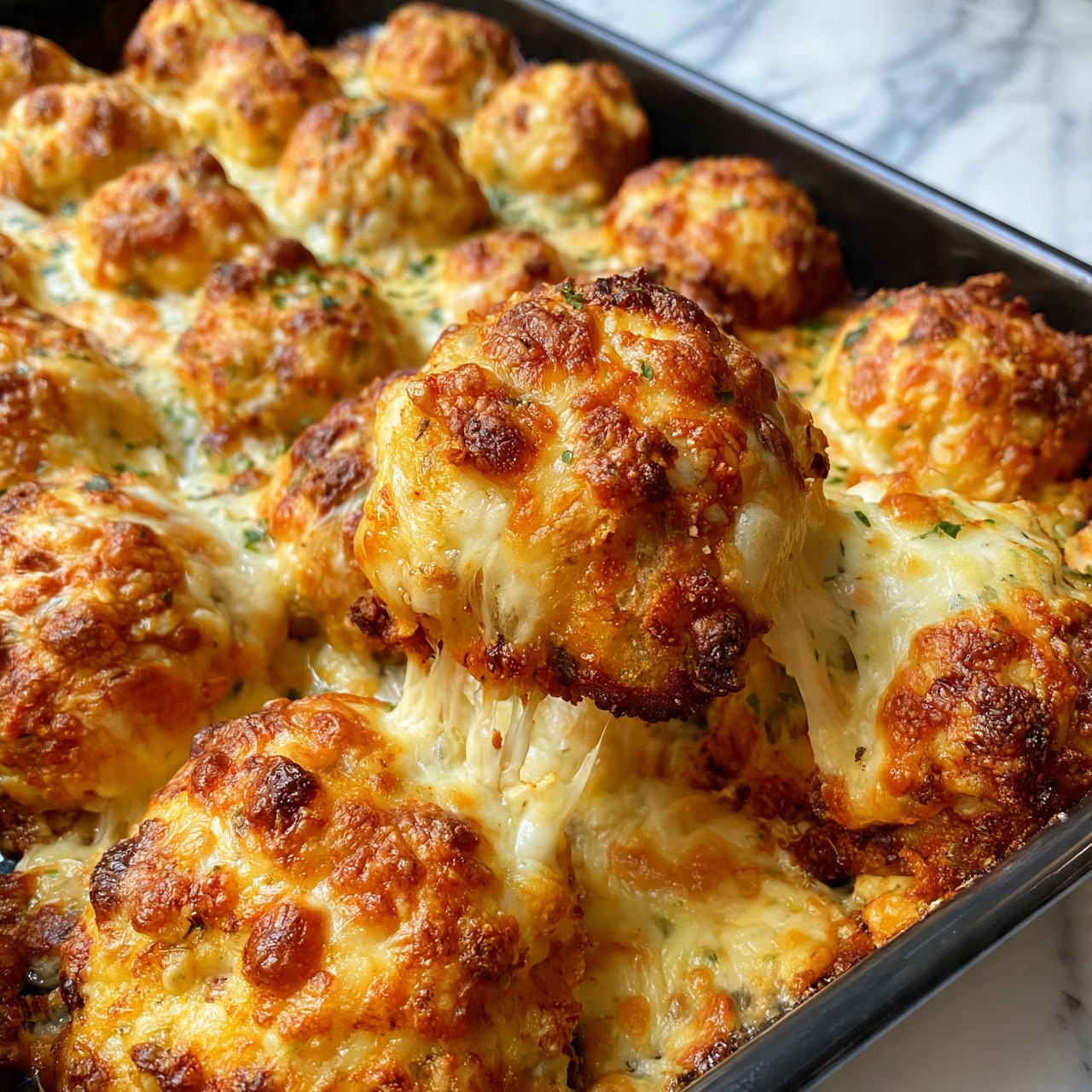 The image shows a baking tray filled with round, golden brown baked balls covered in melted cheese that is bubbly and browned on top. Each ball has a crispy, slightly textured cheese crust, with melted cheese stretching between one ball being lifted. Small bits of green herbs are sprinkled on top for color contrast. The tray rests on a white marbled surface. Photo taken with an iphone --ar 4:5 --v 7