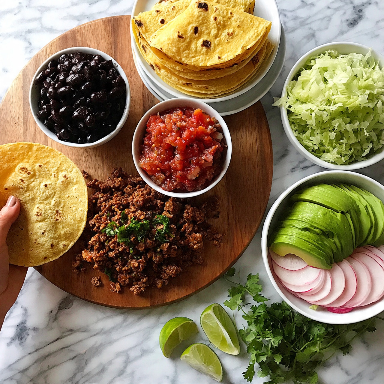 square image The image shows a wooden board on a white marbled surface with a variety of taco ingredients arranged neatly. There are two small white bowls on the board; one contains black beans that look soft and seasoned, dark and shiny, while the other holds a chunky red salsa with a fresh tomato texture. Below the bowls is a pile of cooked ground meat with some green herbs on top, giving a rich brown and slightly crumbly appearance. Next to the board, there are two white plates stacked with folded corn tortillas, yellow with some brown spots. On the right side, there is a white bowl filled with light green shredded lettuce and another white bowl with bright green sliced avocado and pinkish-white radish slices layered neatly. At the bottom, there are fresh lime wedges and sprigs of cilantro on the white marbled surface. A woman's hand is holding one tortilla on the left side of the image. photo taken with an iphone --ar 4:5 --v 7