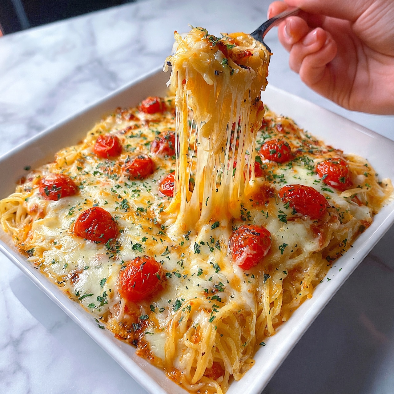 square image The image shows a close-up of a white square plate filled with spaghetti pasta topped with melted cheese and small cooked cherry tomatoes scattered on top. There are green herbs sprinkled evenly over the cheese and tomatoes, adding a fresh touch. A woman's hand is lifting a fork full of long, stretchy melted cheese strands with pasta, pulling them up from the plate, creating a visual sense of gooey texture. The background surface is a white marbled texture, which contrasts nicely with the warm colors of the food. Photo taken with an iphone --ar 4:5 --v 7