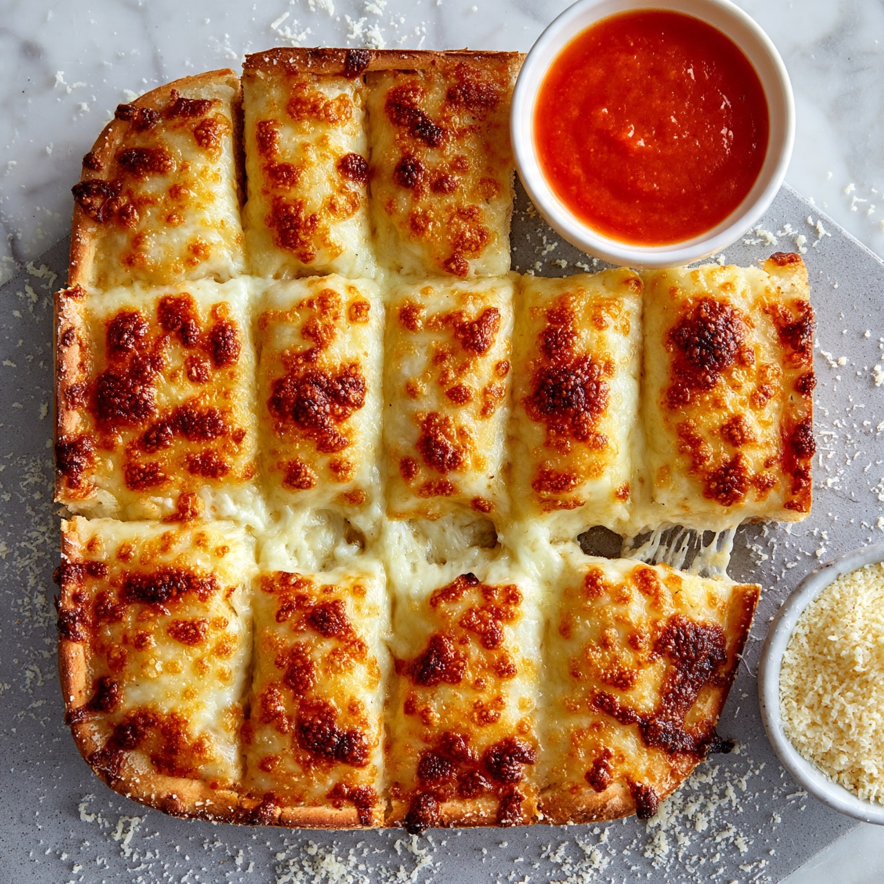square image A round cheese bread is cut into 12 rectangular slices arranged in three columns and four rows on a gray surface with some scattered cheese powder. The bread has a golden-brown bubbly cheese crust on top, with patches of darker toasted spots, and the melted cheese stretches slightly between some slices. The edge crust is light brown and crispy. A small white bowl filled with bright red marinara sauce is placed near the top right of the bread. Below the bread on the right side, there is a small white bowl containing grated cheese. The background is a white marbled texture. Photo taken with an iphone --ar 4:5 --v 7