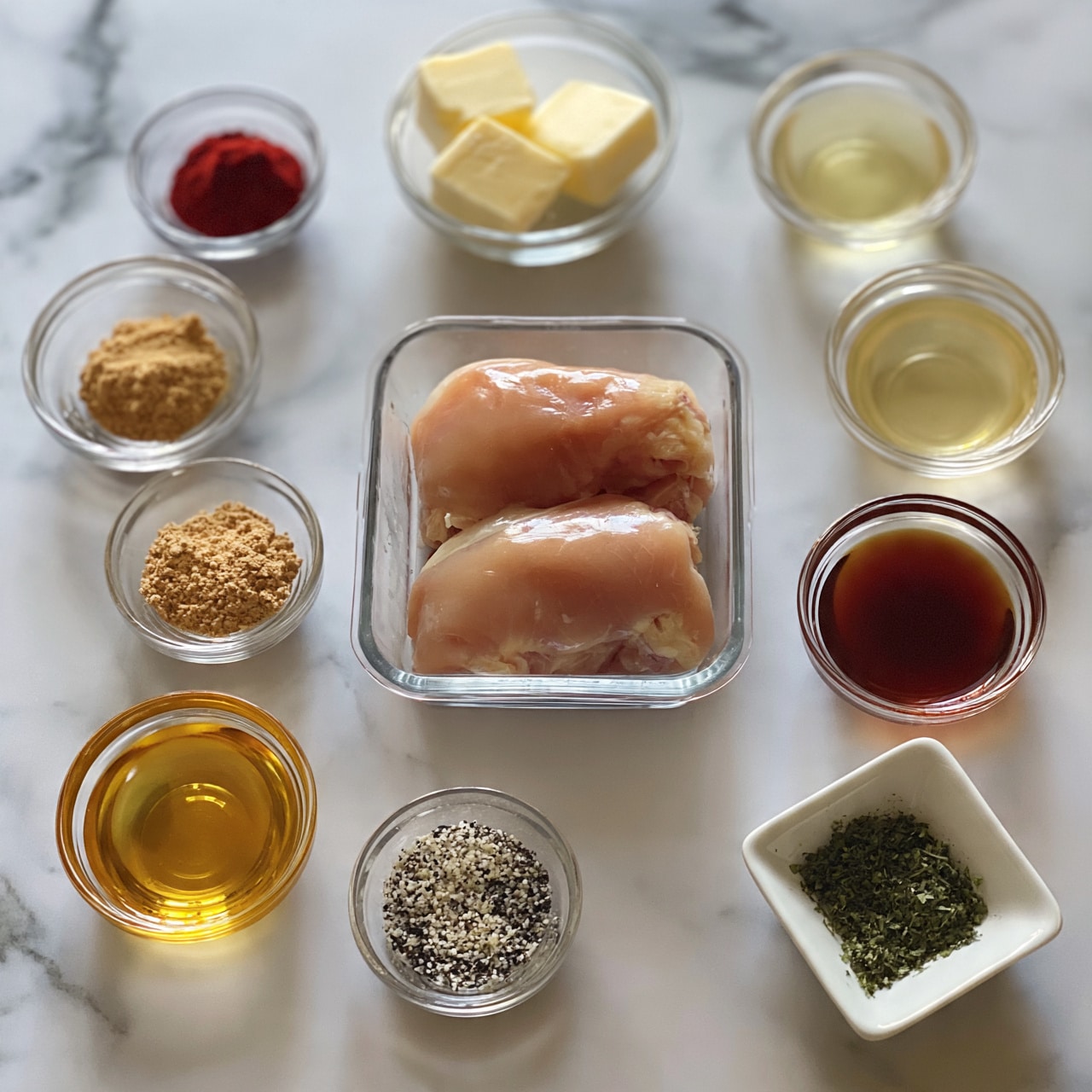 square image A top-down view of ingredients on a white marbled surface with a small rectangular clear glass container in the center holding two raw pale pink chicken pieces, surrounded by small clear glass bowls: one with three pale yellow butter cubes at the top, one with light yellow liquid on the right, one with dark reddish-brown liquid below it, one with golden yellow liquid on the bottom left, one with red powder on the upper left, one with light brown powder below it, and one with mixed black and white granules below that; at the bottom right is a small white square bowl with green chopped herbs. Photo taken with an iphone --ar 4:5 --v 7
