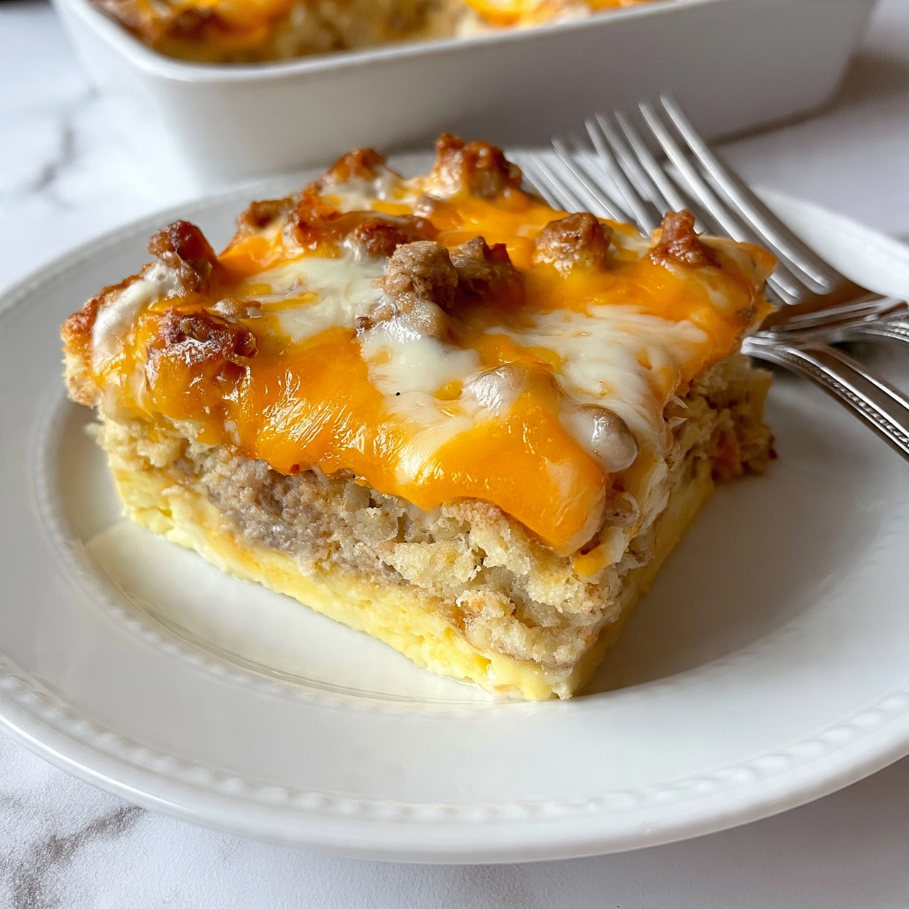 square image The image shows a square piece of a baked casserole served on a white plate with a subtle textured rim. The dish has three main layers: a bottom pale yellow egg layer, a thick middle beige biscuit or bread layer with visible soft texture, and a top layer of melted cheese that is bright orange and white, mixed with bits of cooked meat. The cheese looks soft and slightly shiny, melting over the edges. Behind the plate, part of a white baking dish with more casserole can be seen, sitting on a white marbled surface. Two silver forks rest on the plate next to the casserole piece, one closer to the back and one near the right edge, with a soft focus that highlights the food. Photo taken with an iphone --ar 4:5 --v 7