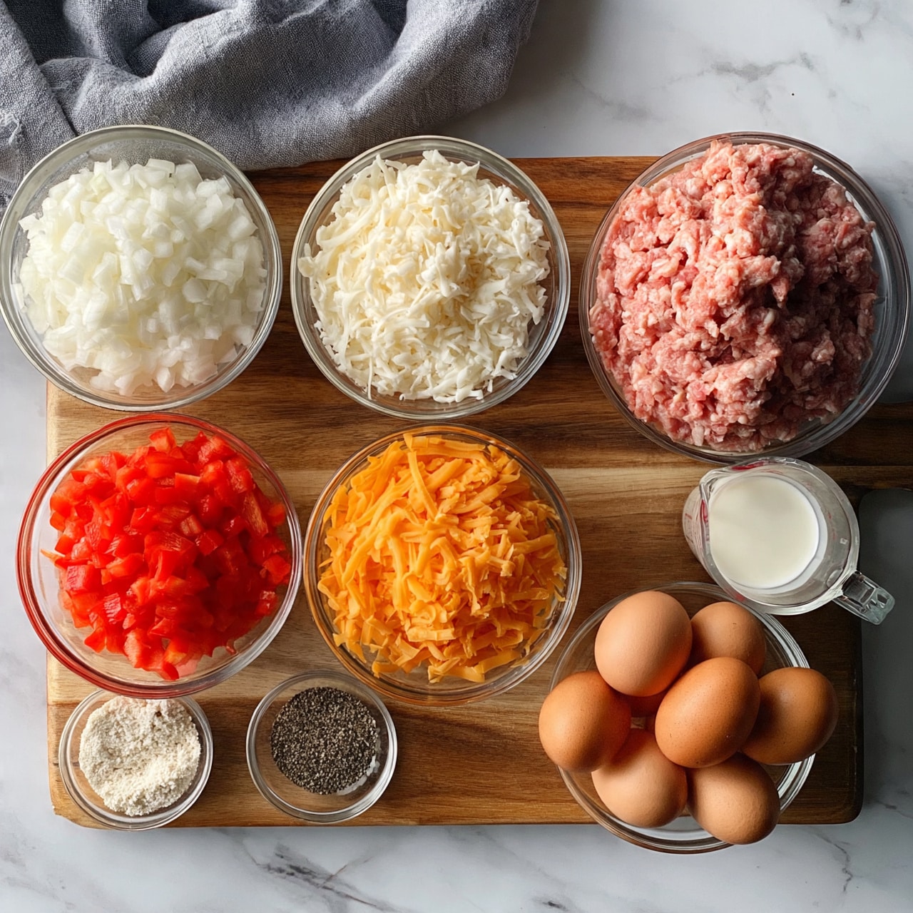 square image The image shows a wooden board with several clear glass bowls arranged neatly on it. Starting from the left, there is a bowl filled with white chopped onions, next to it is a bowl full of white shredded cheese, and to the right is a bowl with a large portion of raw ground meat with a pinkish color. In front of these three large bowls, there is a bowl with bright red chopped bell peppers, an orange shredded cheese bowl, and a bowl filled with whole brown eggs. Smaller bowls of fine white powder (likely seasoning), black pepper, and a liquid white cream in a glass measuring cup are also present. The whole setup sits on a surface with a white marbled texture, and a gray cloth is folded and placed partially at the top of the board. Photo taken with an iphone --ar 4:5 --v 7