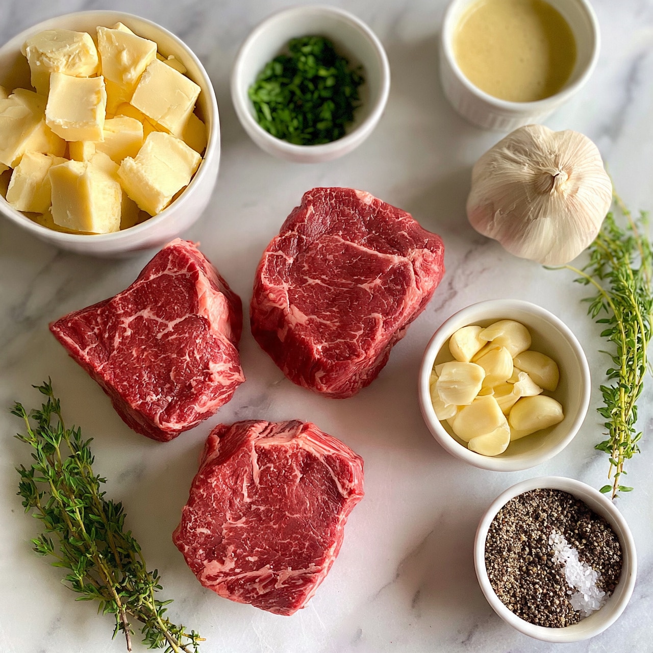 square image The image shows three pieces of raw red steak with visible marbling, placed in the center on a white marbled surface. Surrounding the steaks are a white bowl filled with cubes of pale yellow butter, a small white bowl with chopped green herbs, a whole garlic bulb beside another white bowl holding peeled garlic cloves, a small white bowl with a light yellow sauce, and a small white bowl with mixed black pepper and salt. Fresh green thyme sprigs are also placed around the ingredients. The scene is clean with all items neatly arranged and well spaced. Photo taken with an iphone --ar 4:5 --v 7