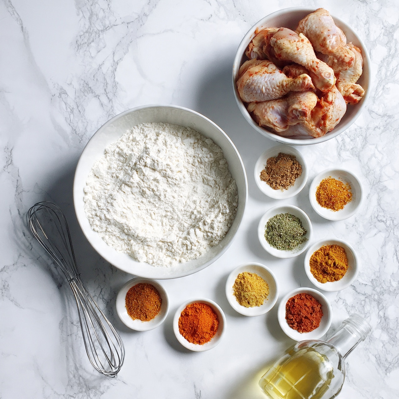 square image A white bowl filled with raw chicken drumsticks sits at the top right of a white marbled surface. Below it, a large white bowl holds white flour. Around these bowls, eleven small white dishes contain various spices and seasonings in different colors like orange, green, brown, yellow, and red. A clear bottle of yellow oil rests at the bottom right. A silver whisk lies on the left side of the flour bowl. The scene is bright, clean, and organized with all items neatly placed on the white marbled texture. photo taken with an iphone --ar 4:5 --v 7