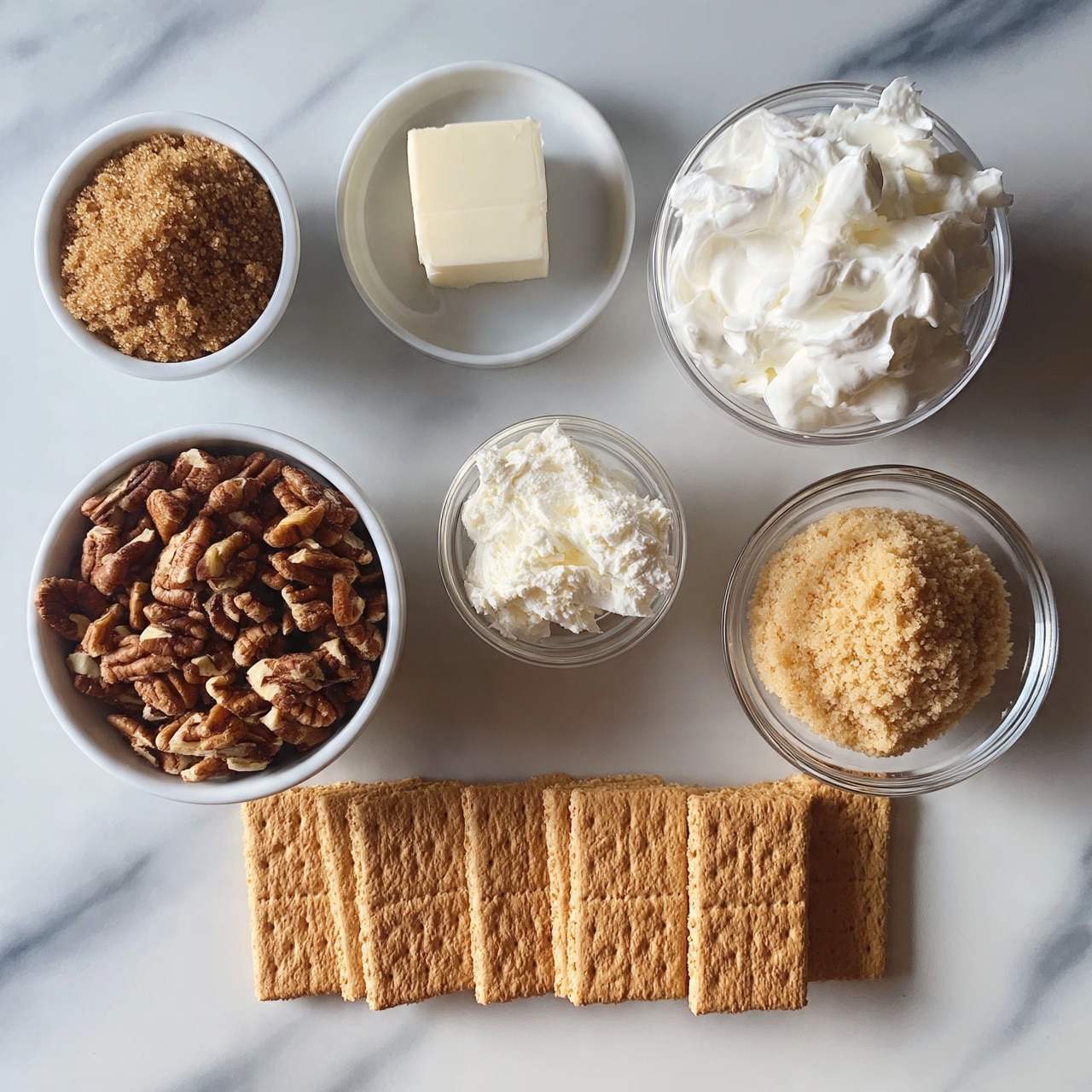 square image The image shows ingredients arranged neatly on a white marbled surface. There are six bowls and plates: a small white bowl filled with brown sugar on the top left, a small white plate with a square block of butter above center, a medium clear bowl of whipped cream to the upper right, a medium white bowl filled with pecan nuts below the brown sugar, a smaller clear bowl with cream cheese in the middle, and a clear bowl with light brown sugar to the right below the whipped cream. Below the bowls, several rectangular graham crackers are arranged side by side. The lighting highlights the different textures, from the crumbly crackers to the creamy butter and whipped layers. Photo taken with an iphone --ar 4:5 --v 7
