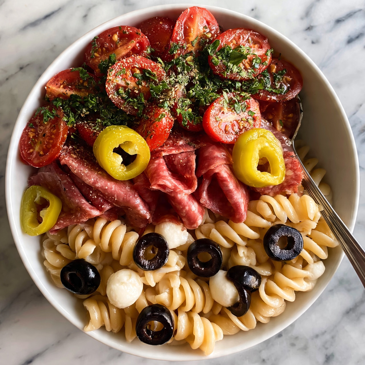 square image A white bowl filled with three layers of food: the bottom layer is light beige spiral pasta with a soft texture, mixed evenly with shiny black olive rings and small white mozzarella balls. The middle layer contains slices of pink-red salami folded and pepperoncini rings with bright yellow-green color, scattered around. The top layer has halved red cherry tomatoes and finely chopped green herbs sprinkled on everything, with some dry seasoning visible. A metal spoon is placed inside the bowl resting on the food, all on a white marbled surface. Photo taken with an iphone --ar 4:5 --v 7