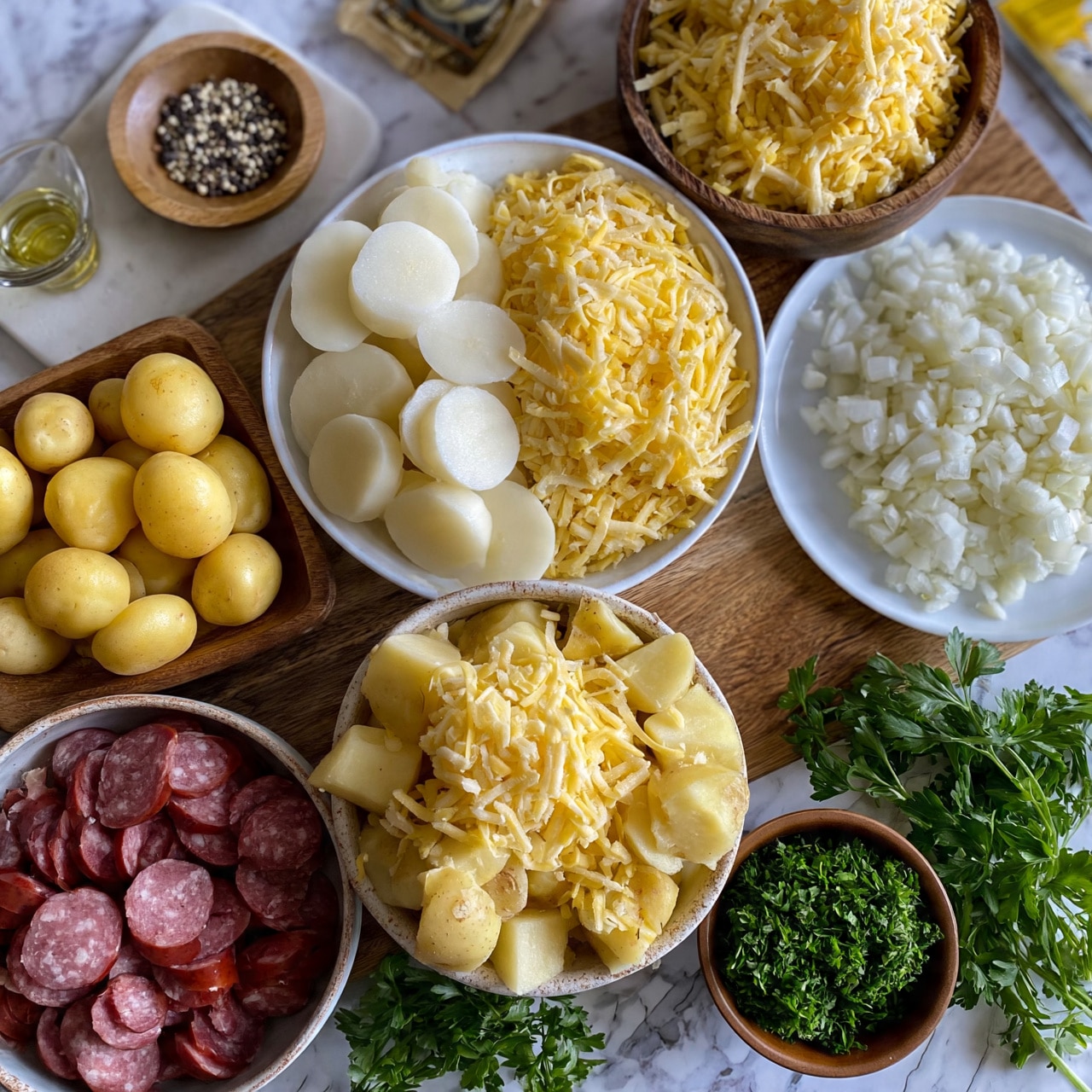 square image The image shows several bowls and plates with ingredients arranged on a wooden surface with a white marbled background. In the center, a white bowl holds sliced white potatoes and shredded yellow cheese side by side. Below it, another bowl contains quartered potatoes topped with shredded yellow cheese. To the left, a bowl is filled with sliced sausage pieces in red-pink color. Nearby, whole small yellow potatoes rest on a wooden dish. A small round bowl with ground black and white pepper sits on a cutting board. To the right side, a white plate contains chopped white onions, and above it, a wooden bowl is filled with shredded yellow cheese. Bright green chopped herbs are in a small brown bowl, and fresh green parsley sprigs lay on the table near the bowls. In the background, there is a small glass of oil and a seasoning packet. The photo taken with an iphone --ar 4:5 --v 7