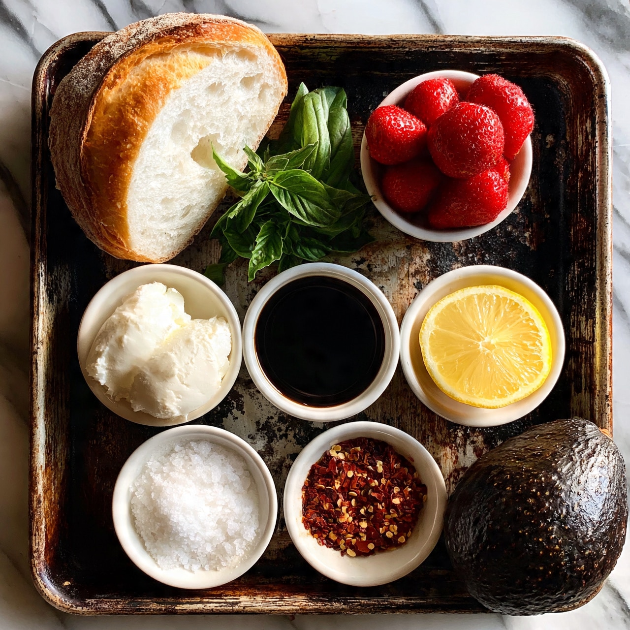 square image A worn, dark baking tray holds ingredients arranged neatly on a white marbled surface; at the top left is a half round loaf of bread with a golden crust and soft white inside, next to a small bunch of fresh green basil leaves. To the right, a small white bowl is filled with bright red strawberries. Below these, three white bowls line up: one with two soft white cheese portions, one with dark balsamic vinegar, and another with half a bright yellow lemon slice. At the bottom, two more white bowls contain coarse white salt and red chili flakes, near a ripe dark avocado at the tray's edge. The texture and color contrast of the food against the rusty baking tray create a rustic yet fresh look. Photo taken with an iphone --ar 4:5 --v 7