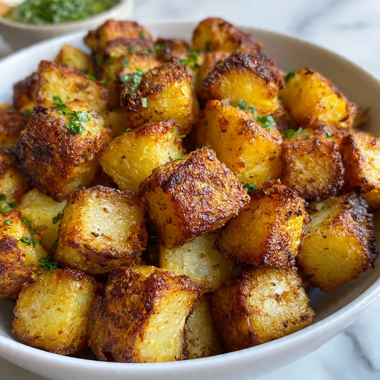 square image The image shows a close-up view of a white bowl filled with crispy, golden-brown roasted potato cubes. Each potato piece has a rough, slightly crunchy texture with darker browned edges and some specks of seasoning visible on the surface. Small green herb bits are sprinkled on top, adding fresh color contrast to the warm yellows and browns of the potatoes. In the background, a side container with a green herb sauce is partially visible, positioned on a white marbled surface. photo taken with an iphone --ar 4:5 --v 7