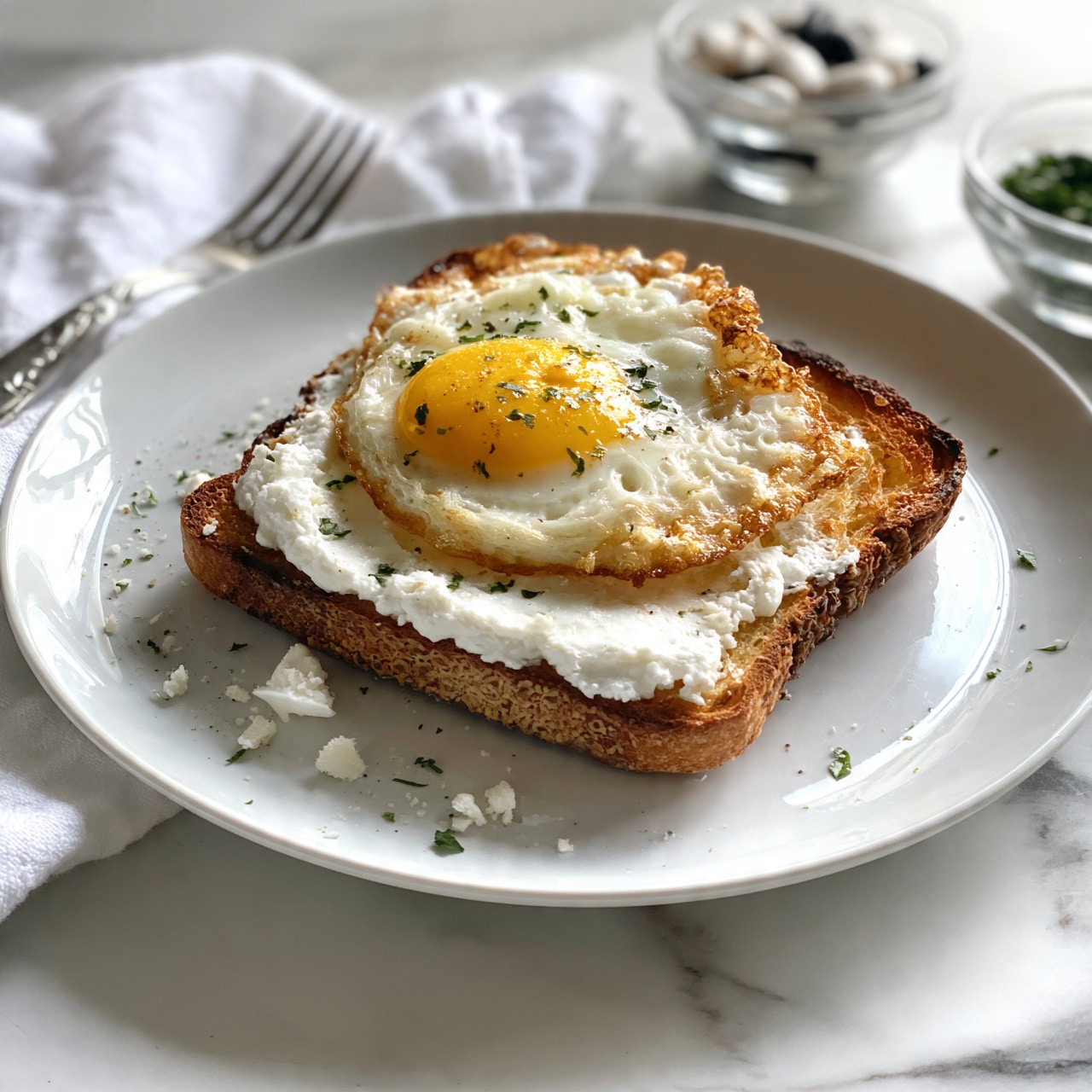 square image A white plate on a white marbled surface holds a single slice of toasted bread with a golden-brown crust. On top of the toast, there is a layer of white, soft cheese spread unevenly. Above this, a sunny-side-up egg with a bright yellow yolk and slightly crispy edges sits in the center. The egg is sprinkled with small green herbs, and some cheese crumbles and herbs scatter lightly around the toast on the plate. A white cloth napkin is placed next to the plate with a silver fork resting on the napkin. In the background, a small glass bowl with white and black beans and another small bowl with green herbs are slightly out of focus. photo taken with an iphone --ar 4:5 --v 7