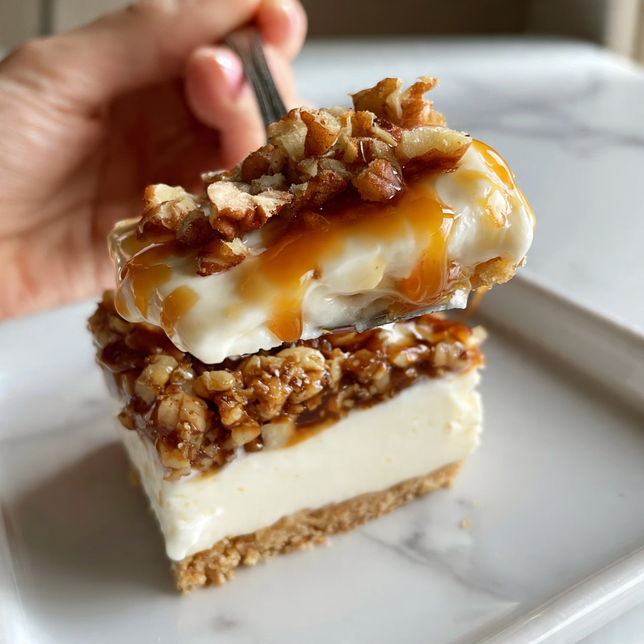 square image This image shows a layered dessert in a white dish with a white marbled surface underneath. The bottom layer is a crumbly light brown crust. Above that is a thick creamy white layer, smooth in texture. On top of this is a layer of chopped nuts mixed with a brown syrup, adding a rough texture. Above the nut layer is another thick creamy white layer similar to the one below. The dessert is topped with chopped pecans and drizzled with amber caramel sauce. A spoon held by a woman's hand lifts a piece showing all layers clearly. Photo taken with an iphone --ar 4:5 --v 7