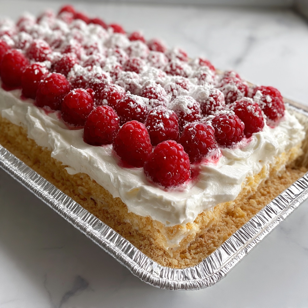 square image The image shows a layered dessert being made in a silver foil tray lined with foil. The bottom layer is a light brown crumb crust made from crushed biscuits, pressed evenly across the base. On top of this crust is a thick, smooth white cream layer spread evenly. Red raspberries are nicely placed in rows on top of the cream, some partially pressed into it. The final image shows the dessert topped with an additional layer of cream, more raspberries, and a light dusting of powdered sugar. The background is a white marbled surface. Photo taken with an iphone --ar 4:5 --v 7