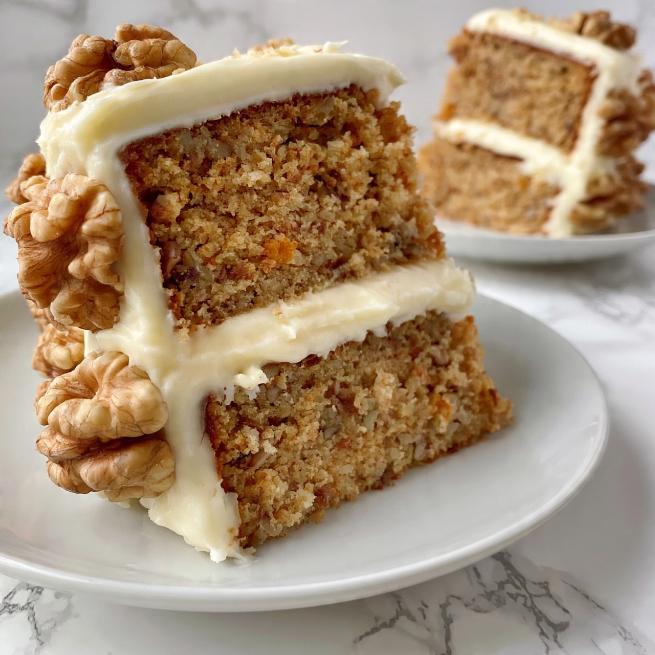 square imag A close-up of a slice of layered cake on a white plate with a white marbled surface underneath. The cake has two thick layers of light brown sponge mixed with bits of nuts and small orange pieces. Between and covering the sponge layers is thick, creamy white frosting. The outside of the cake is coated with the same white frosting, decorated with clusters of large walnut pieces attached to the sides. In the background, there is another slice of the same cake, slightly blurred, on a white plate with the same white marbled surface. photo taken with an iphone --ar 4:5 --v 7