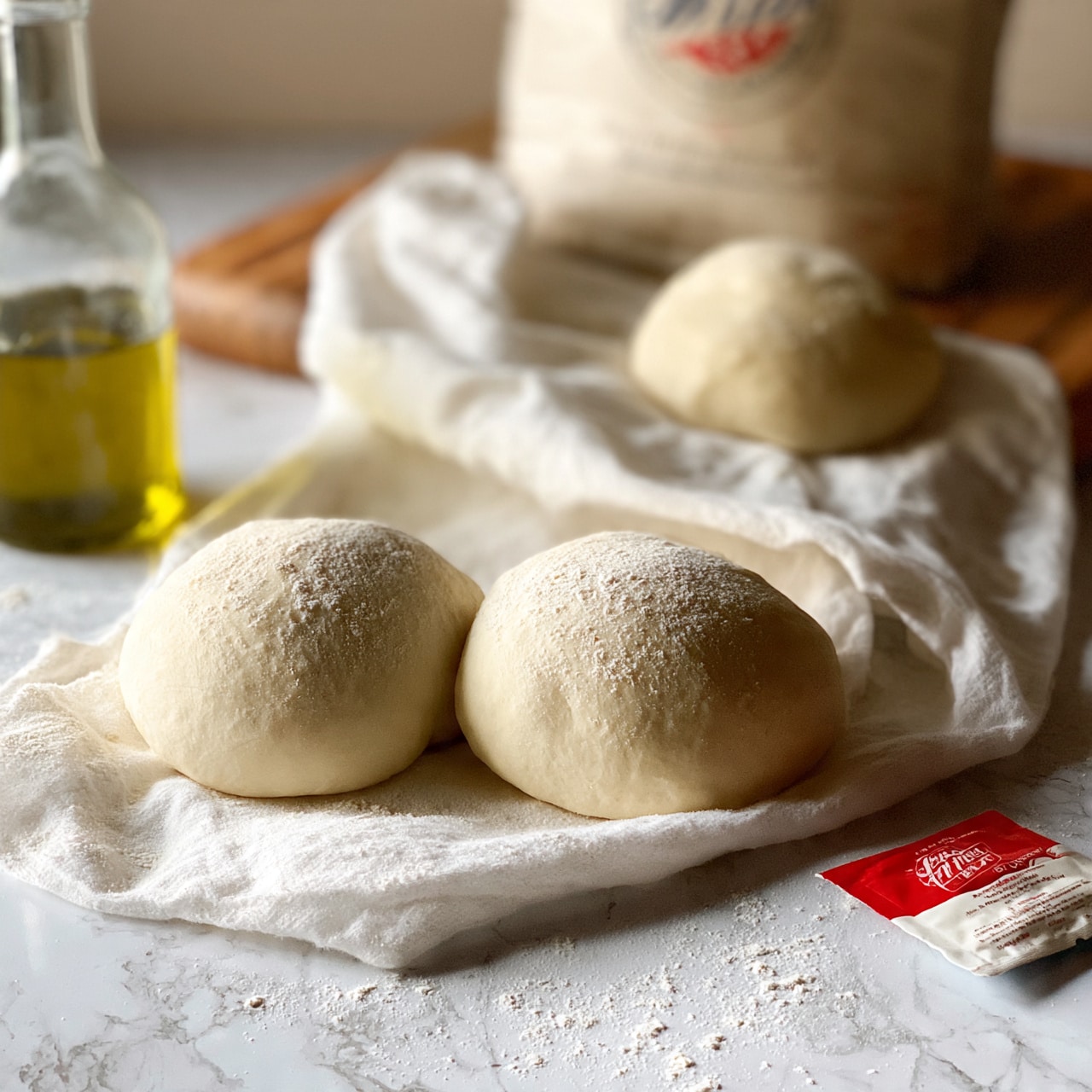 square image The image shows three round dough balls resting on a white cloth, dusted lightly with flour. Two dough balls are in the foreground and one is in the background, near a flour sack. To the left of the dough balls, there is a clear glass bottle filled with olive oil. Behind the setting, wooden surface edges are visible but mainly the focus is on the smooth, pale dough balls. On the right side, there is a small red and white packet of active dry yeast lying flat. The overall scene is warm and cozy, with soft textures from the cloth and dough on a white marbled textured surface. Photo taken with an iphone --ar 4:5 --v 7