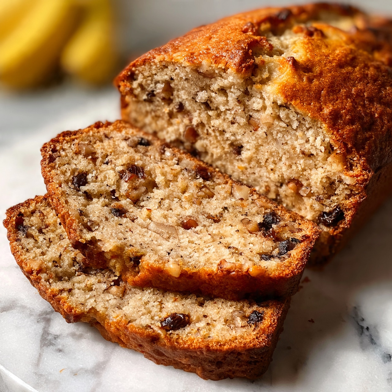 square image The image shows a loaf of banana bread with three slices cut and partially separated from the main loaf. The bread has a golden brown crust with a slightly rough texture on top. Inside, the bread is light brown and moist, filled with visible small chunks of nuts and dark raisins evenly spread throughout the slices. The loaf rests on a white marbled surface with two yellow bananas blurred in the background. The photo captures the texture and color contrasts clearly, highlighting the inside details of the banana bread. Photo taken with an iphone --ar 4:5 --v 7