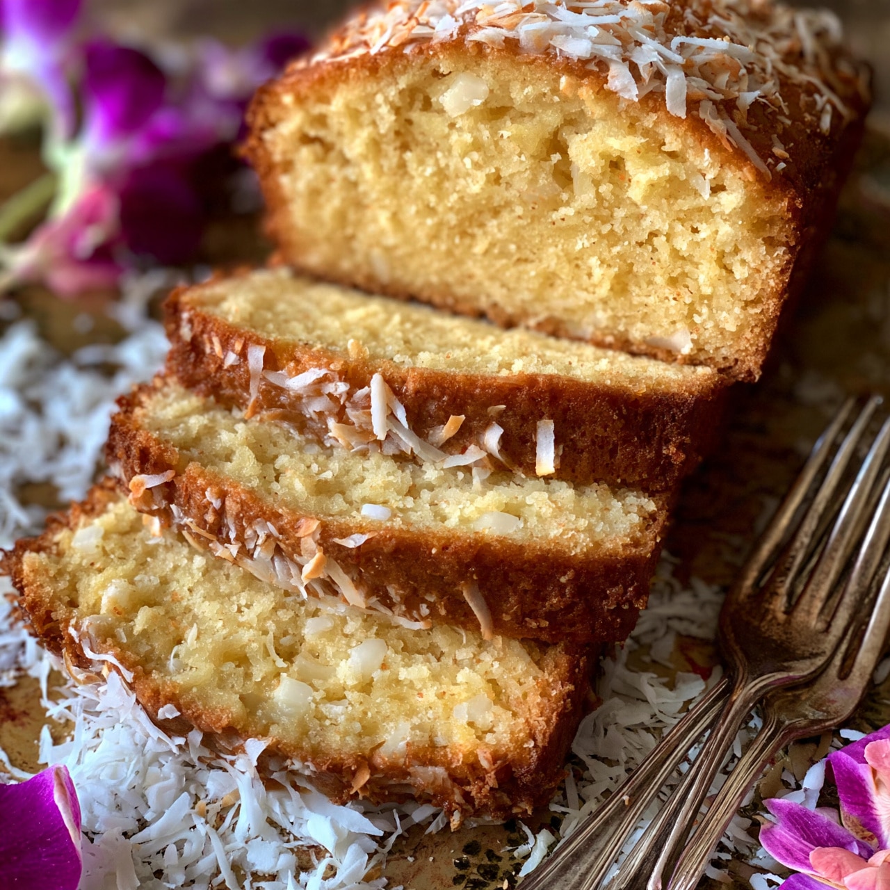 square image The image shows a loaf of light golden brown cake sliced into three thick pieces stacked on top of each other. The cake has a moist and crumbly texture with visible small chunks of white coconut throughout each slice. It rests on a rustic surface with two silver forks nearby and scattered white coconut flakes and purple and pink flower petals around. photo taken with an iphone --ar 4:5 --v 7