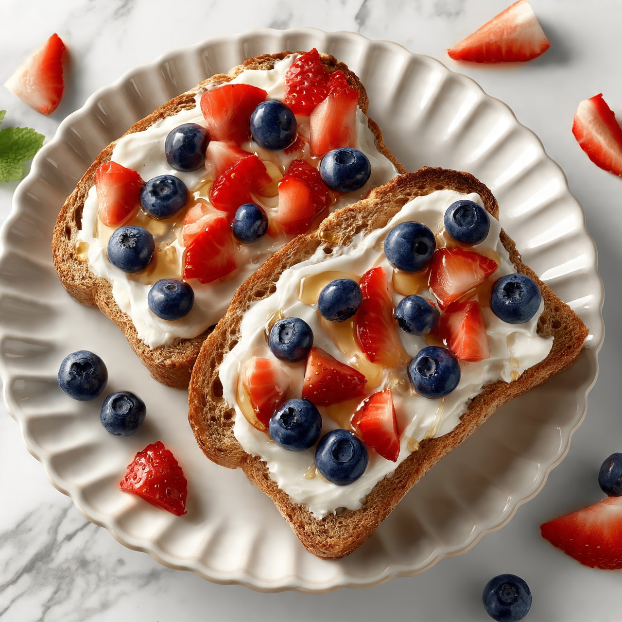 square image Two slices of toasted brown bread are placed on a white plate with fluted edges, each slice topped with a thick layer of white cream cheese. Fresh blueberries and sliced strawberries are scattered evenly on top of the cream cheese, with some strawberry pieces cut into small wedges. Honey is lightly drizzled over the fruit and cream, adding a slight shine. Around the plate, there are extra strawberry wedges, blueberries, and a small green mint leaf on a white marbled surface. Photo taken with an iphone --ar 4:5 --v 7