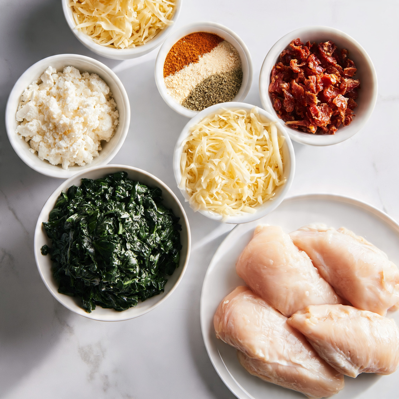 Stuffed Chicken Breasts with Cream Cheese and Cheddar Recipe 4 square imag A white plate at the bottom right holds four pieces of raw, pale pink chicken with smooth textures. Above it, a white bowl is filled with dark green chopped spinach leaves. To the right, there is a white bowl full of thin, pale yellow shredded cheese. Next to it, a smaller white bowl contains reddish chopped sun-dried tomatoes. Above the tomatoes, a small white bowl has three distinct spices layered: orange-red, light beige, and greenish herbs. To the left of these spices, a white bowl has crumbly white cheese. Above this bowl, another white bowl holds light yellow shredded cheese. All items are placed on a flat surface with white marbled texture photo taken with an iphone --ar 4:5 --v 7