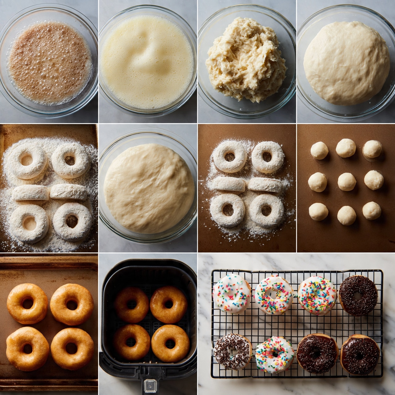 square image A collage of eight images shows the process of making donuts. The first image has a clear bowl with a bubbly, light brown mixture. The second image shows a frothy, pale yellow liquid in the same bowl. The third image shows thick, rough dough gathered in the bowl. The fourth image has the dough smooth and risen, filling more of the bowl. The fifth image shows raw donut rings lightly dusted with flour on a brown baking sheet. The sixth image shows small, round dough pieces, also dusted with flour, on the same baking sheet. The seventh image has four golden brown donuts inside a black air fryer basket. The eighth image shows a cooling rack with six decorated donuts: white icing with colored sprinkles and chocolate icing with chocolate sprinkles, all on a white marbled surface. Photo taken with an iphone --ar 4:5 --v 7