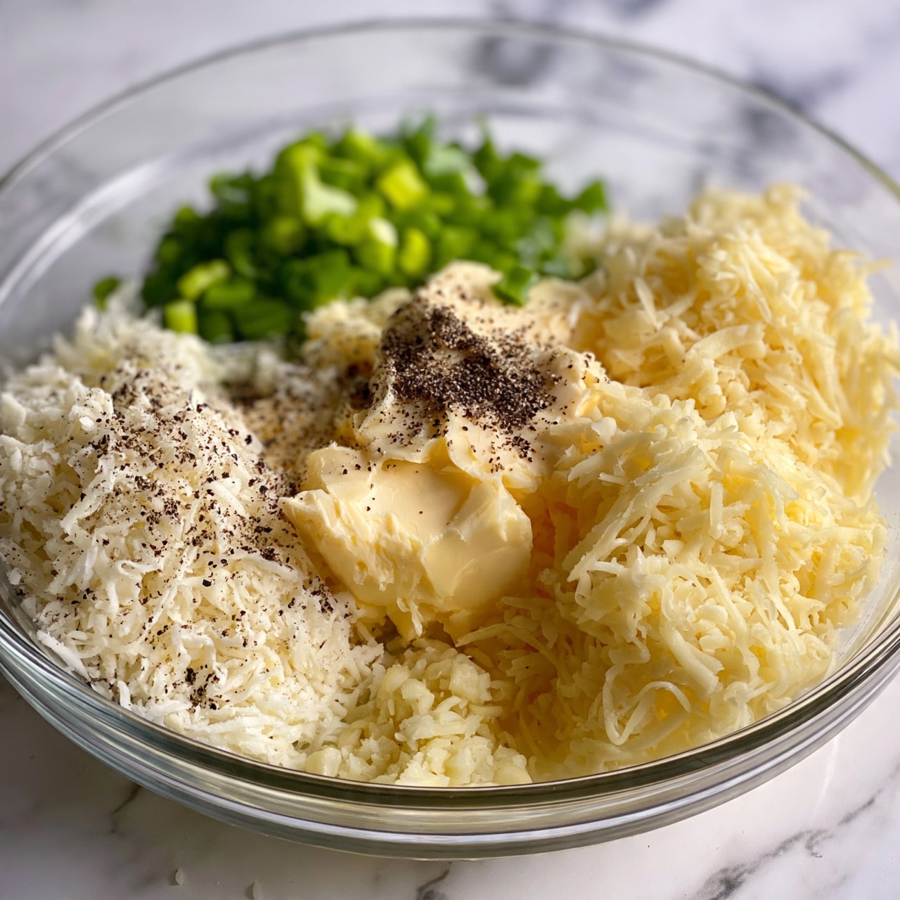 Cheesy Garlic Bread Recipe 4 square image A clear glass bowl on a white marbled surface holds five main layers arranged in small piles: pale yellow shredded cheese on the right, light creamy yellow softened butter at the center with dark ground black pepper sprinkled on top, shredded white cheese with black pepper on the left, bright green chopped spring onions at the back, and minced garlic near the bottom front. The textures include soft butter, fine soft cheese shreds, and small chopped vegetables. The bowl is shown up close and fills most of the image frame photo taken with an iphone --ar 4:5 --v 7