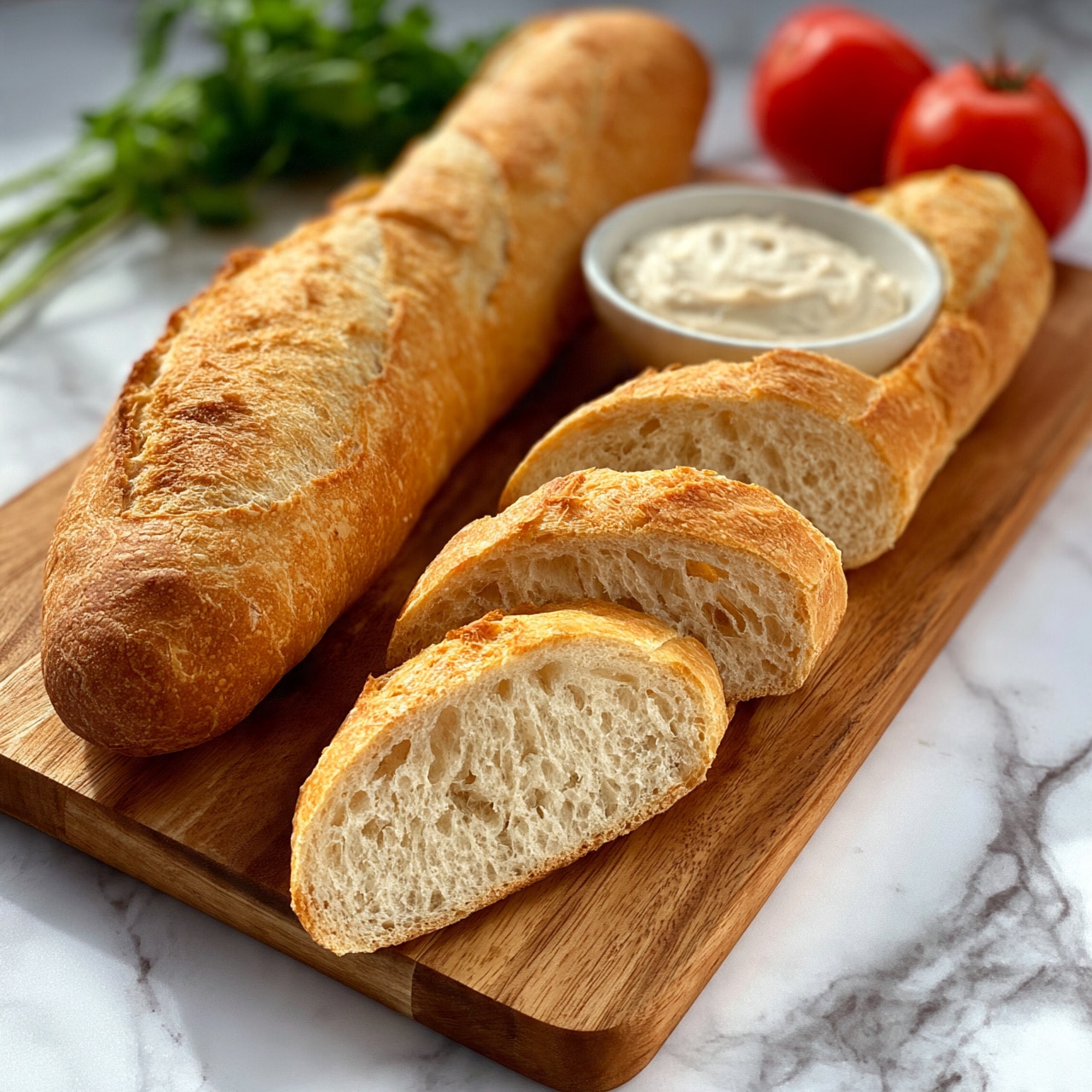 square image The image shows a wooden board on a white marbled surface with two long baguettes placed diagonally. One baguette is whole, while the other is partially sliced into three thick pieces, revealing a soft, light inside with a slightly chewy texture. A small white bowl of creamy spread sits near the baguettes, and in the background, there are fresh green herbs and two bright red tomatoes adding color. The scene is lit with natural light giving the bread a warm, golden crust. photo taken with an iphone --ar 4:5 --v 7
