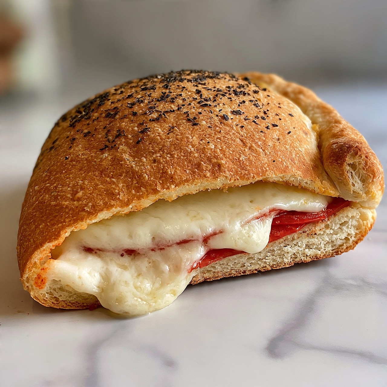square image The image shows a close-up of a single calzone style bread pocket on a white marbled surface. The bread is golden brown with a rough texture and sprinkled with black herbs on top. Inside, there is a layer of melted white cheese that looks soft and creamy, stretching slightly out of the bread, and a layer of thin red tomato or pepper slices underneath the cheese. The bread is folded over with a rough folded edge on one side revealing the filling. The background is soft and blurred. photo taken with an iphone --ar 4:5 --v 7