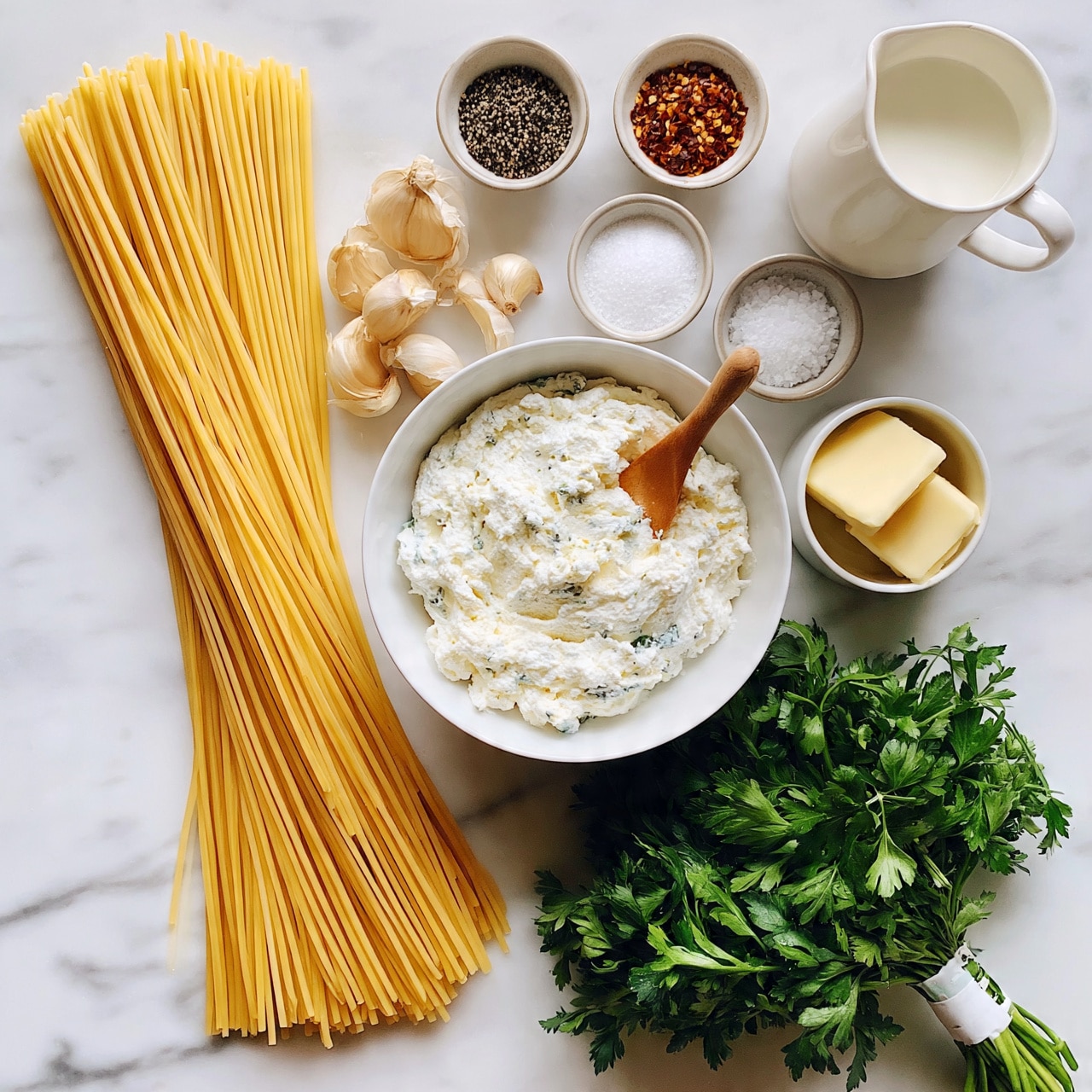 square image The image shows several ingredients arranged neatly on a white marbled surface. On the left, there is a bundle of long, uncooked yellow pasta extending from bottom to top. To the right of it, there is a white bowl filled with creamy white ricotta cheese with a wooden spoon inside. Above the bowl, there are garlic cloves, both whole and peeled, near three small bowls containing black pepper, red pepper flakes, and white salt. There is also a white pitcher filled with milk near a small white bowl with two pieces of butter. At the bottom right, a large bunch of fresh green parsley is tied together with a white label. Photo taken with an iphone --ar 4:5 --v 7