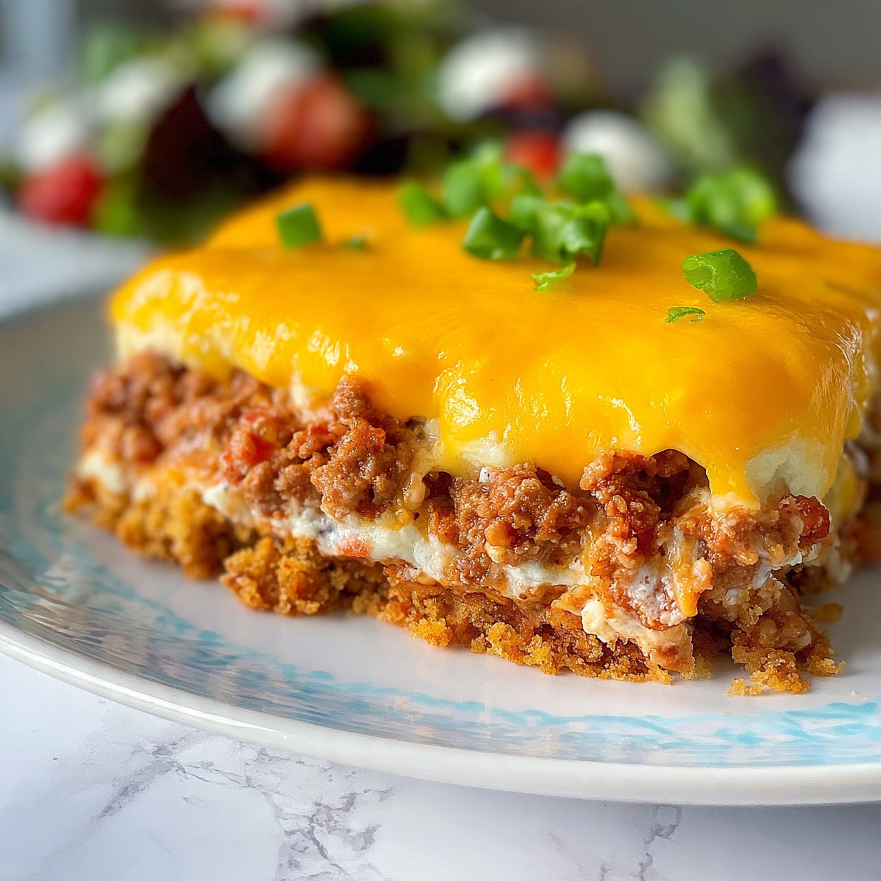 square image A close-up of a layered casserole served on a white plate with a light blue patterned design, placed on a white marbled texture. The casserole has a base of crumbly golden brown crust, topped with a thick layer of cooked ground meat mixed with bits of tomato and white creamy sauce. Above this, there is a smooth layer of melted bright yellow cheddar cheese with a glossy texture. The dish is garnished with small pieces of fresh green onions scattered on top. In the blurry background, a fresh salad with darker green leaves, red tomato pieces, and dollops of white dressing is visible. photo taken with an iphone --ar 4:5 --v 7