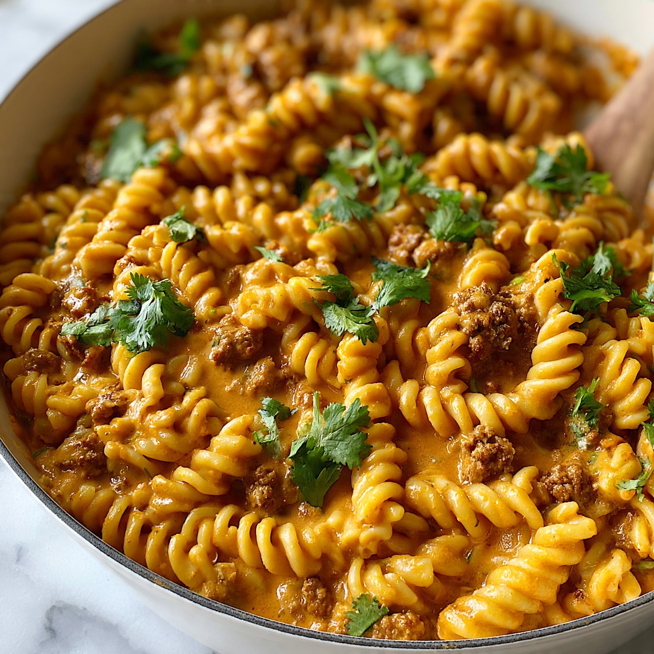 square image The image shows a close-up of a white pot filled with a pasta dish made of spiral rotini noodles mixed with small pieces of brown cooked meat and a thick orange-brown sauce. Scattered green cilantro leaves add a touch of fresh color on top. The texture looks rich and creamy, with the noodles well coated in the sauce. A wooden utensil inside the pot is partially visible, blending with the warm tones of the food. The pot sits on a white marbled surface. photo taken with an iphone --ar 4:5 --v 7