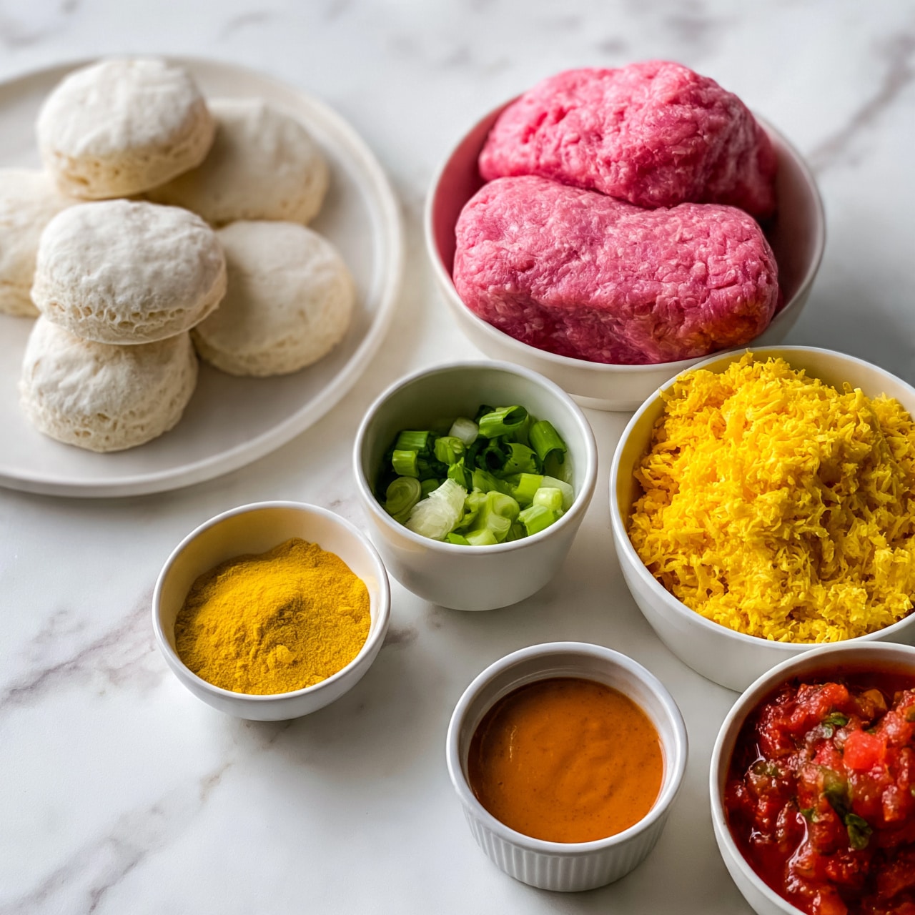 square imag  The image shows six bowls and one white plate on a white marbled surface. The white plate on the left holds six white biscuit rounds stacked casually. To the right, a white bowl is filled with two thick blocks of raw ground meat, bright pink in color. Below, a small white bowl contains a bright yellow spice powder, likely turmeric or curry powder. Next to it, another small white bowl holds chopped green onions with fresh green and light green hues. To the right of those, a medium white bowl is filled with shredded yellow cheese, fluffy with some texture. Below and slightly to the left is a small white ramekin filled with smooth orange-brown sauce, and next to it another small white bowl holds chunky red salsa with visible pieces of tomato and green herbs. Photo taken with an iphone --ar 4:5 --v 7