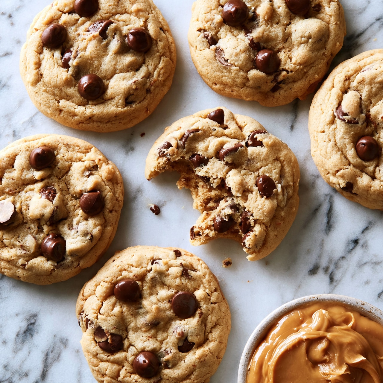 square image Several round chocolate chip cookies are spread out over a white marbled surface, each cookie showing a light golden-brown color with soft, slightly rough texture and dark chocolate chips scattered on top. One cookie is broken, showing a crumbly inside with chocolate chips embedded in the dough. A small bowl filled with smooth, creamy brown peanut butter is partially visible on the lower right corner. Photo taken with an iphone --ar 4:5 --v 7