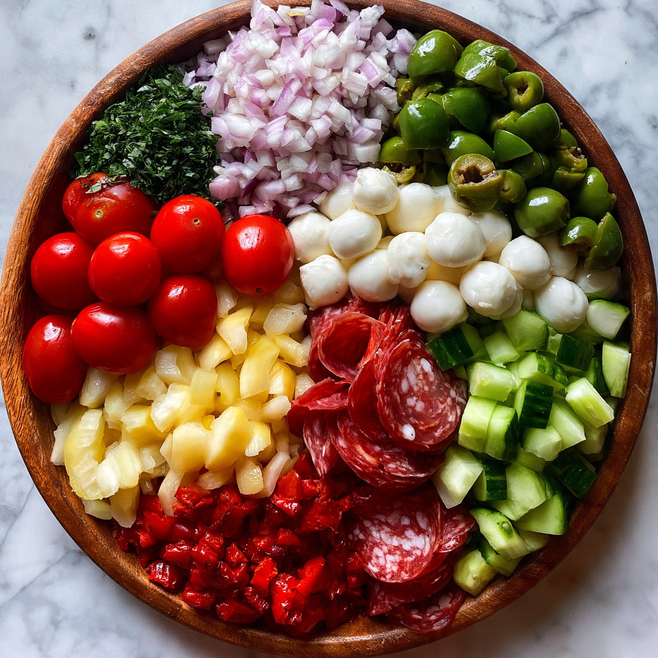 square image A wooden bowl filled with many small piles of fresh ingredients arranged in sections. Starting from the top, there is a layer of finely chopped light purple onions, next to glossy green sliced olives, then small white mozzarella balls. Below the cheese are thin slices of red salami with white fat specks, next to bright green cucumber cubes. Moving left, there are shiny red cherry tomatoes, followed by light yellow pepper strips, and bright red chopped roasted peppers. At the top left, there is a layer of chopped fresh green herbs. All the colors and textures create a fresh, colorful look. The bowl is placed on a white marbled surface. photo taken with an iphone --ar 4:5 --v 7square image