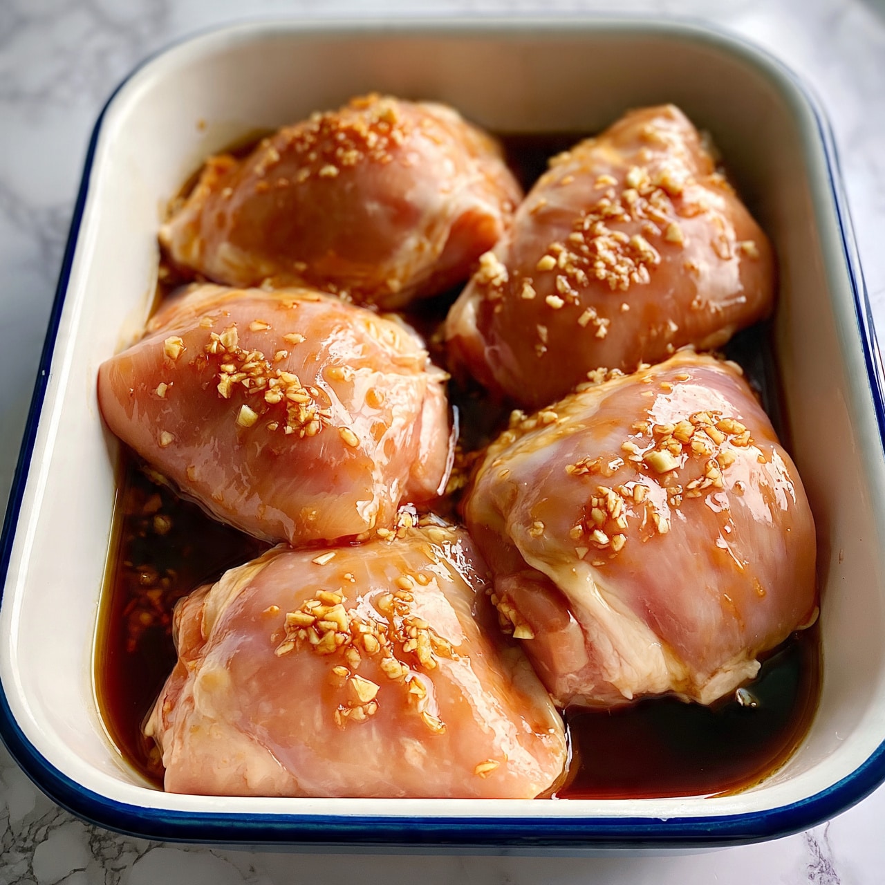 square imag A white baking dish with a blue outer edge holds six raw, pale pink chicken pieces soaked in a shiny dark brown sauce with small bits of chopped garlic scattered across the meat. The chicken pieces are layered close together, filling the dish, and the sauce pools around them, giving a glistening, wet look. The dish sits on a white marbled surface. photo taken with an iphone --ar 4:5 --v 7
