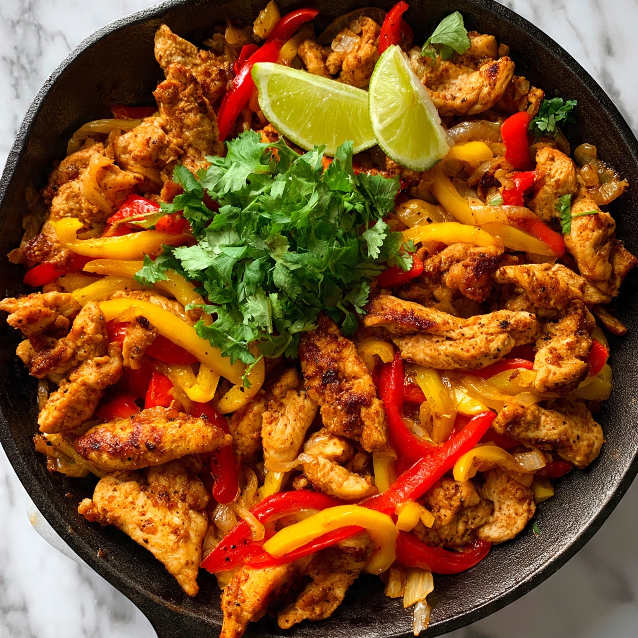 square imag A close-up view of a skillet filled with cooked chicken strips that are golden brown with a slightly crispy texture, mixed with bright red and yellow bell pepper strips. The chicken pieces are scattered throughout the skillet with sautéed onions visible among them. On top, there is a garnish of fresh green cilantro and two lime wedges placed near the center. The skillet sits on a white marbled surface. photo taken with an iphone --ar 4:5 --v 7