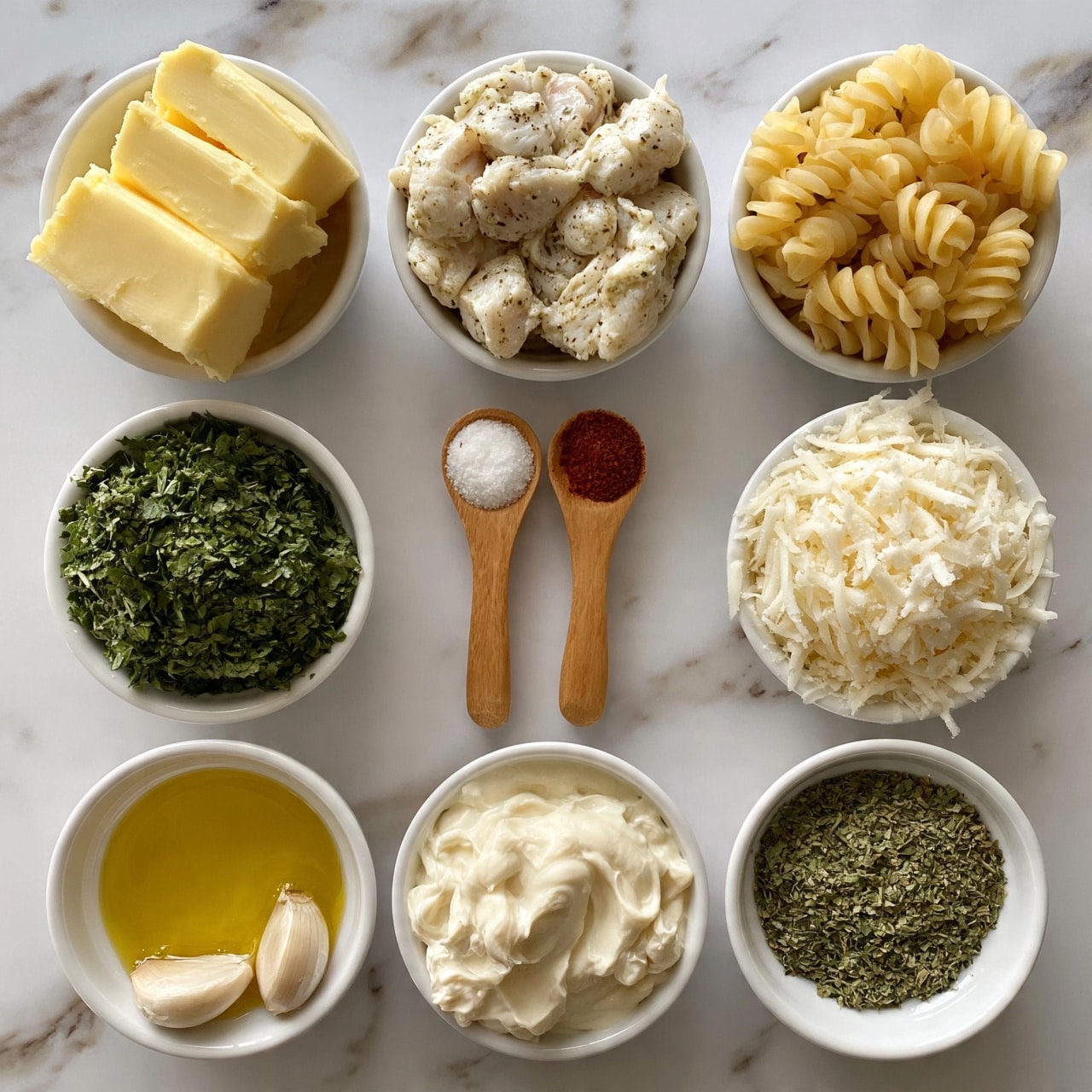 square image The image shows nine small white bowls placed on a white marbled surface, each containing different ingredients. The top row has three bowls: the left with three thick yellow butter blocks, the middle with white seasoned chicken pieces, and the right with light yellow spiral pasta. Below them are six more bowls and two wooden spoons: bottom left has chopped green herbs, the two wooden spoons hold salt and red spice powder, the middle bowl with shredded white cheese, the bottom middle has yellow oil, the bottom right holds creamy white sauce, and next to it a bowl with green dried herbs. Two garlic cloves rest near the oil bowl. Photo taken with an iphone --ar 4:5 --v 7