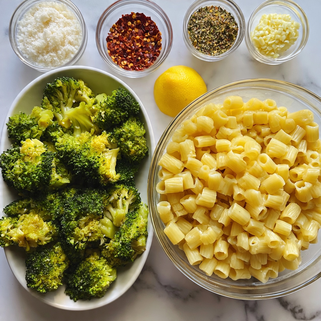 square image The image shows a white bowl full of cooked broccoli with a bright green color and a slightly shiny, soft texture. Next to it, there is a large clear glass bowl filled with pale yellow cooked pasta shaped like short tubes. Around these bowls, there are four small clear glass bowls, each holding different ingredients: one with white grated cheese, one with red chili flakes, one with a mix of herbs and spices, and one with minced garlic. A yellow lemon is placed between the bowls on a white marbled surface. The overall look is fresh and bright, with clean colors and simple shapes. Photo taken with an iphone --ar 4:5 --v 7