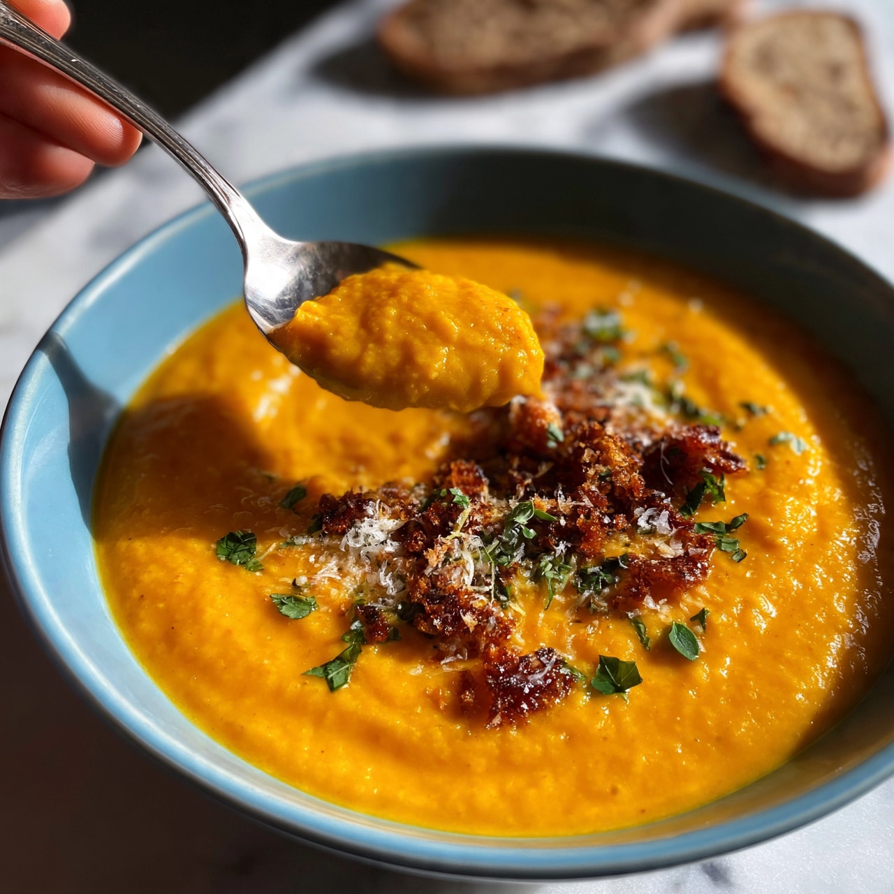 square image A blue bowl filled with thick, bright orange soup that looks smooth and creamy. The soup has small green herb leaves scattered on top and a sprinkle of grated cheese. There are crunchy browned pieces on the surface, adding texture and color contrast. A silver spoon is lifting some soup from the bowl, held by a woman's hand. In the background, there are slices of brown bread placed on a white marbled surface. The scene is softly lit, making the colors of the soup and toppings stand out. Photo taken with an iphone --ar 4:5 --v 7
