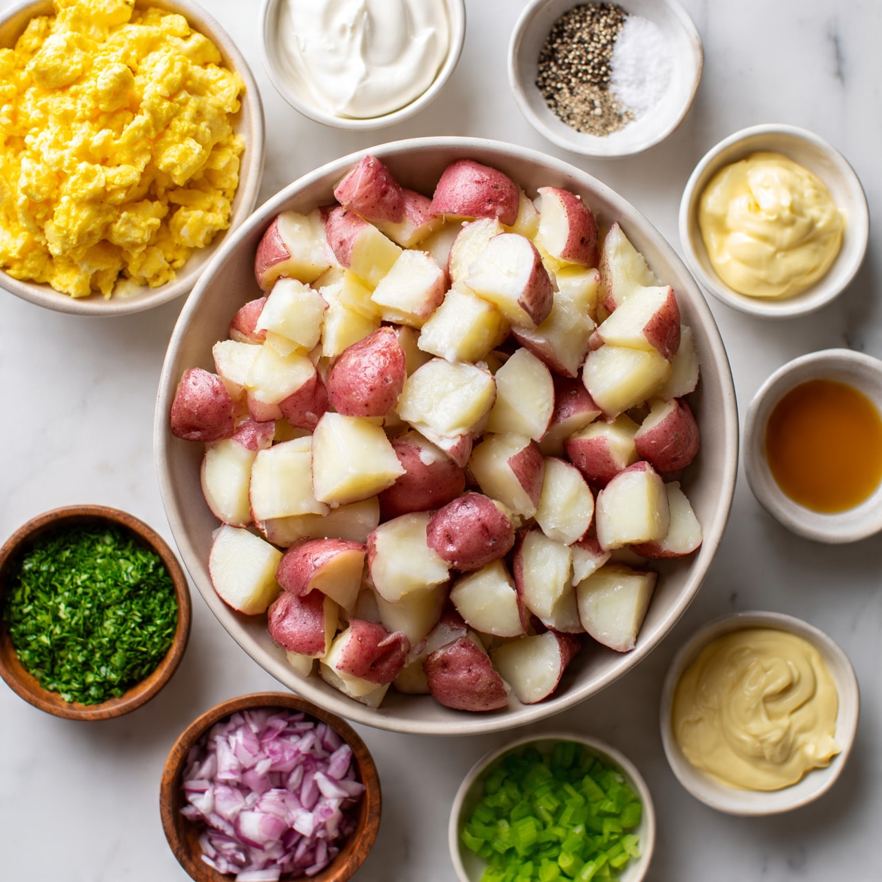 square image A large bowl filled with quartered red potatoes with smooth pale red skin and creamy white insides sits in the center on a white marbled surface. Around it are seven smaller white and brown bowls with different ingredients: bright yellow scrambled eggs in one, thick white sour cream in another, finely chopped green herbs in a wooden bowl, a dollop of pale yellow mayonnaise in a white bowl, dark pink chopped onions in a wooden bowl, bright green chopped celery in a white bowl, and a white bowl containing mixed black and white pepper and salt. There is also a small dish with amber-colored liquid. All bowls have a clean, fresh look. Photo taken with an iphone --ar 4:5 --v 7