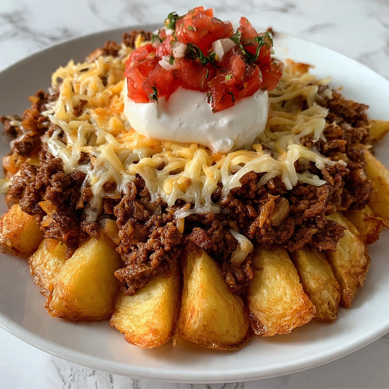 square image The dish is served on a white plate with a white marbled surface background. It has a bottom layer of thick, golden, crispy potato wedges arranged closely together. On top of the potatoes is a layer of cooked minced meat mixed with small bits of onions and spices, giving it a rich brown color with a slightly moist texture. Melted shredded cheese is sprinkled evenly over the meat, melting slightly into the dish. Above the cheese, there is a scoop of white sour cream sitting in the center. On top of the sour cream, finely chopped fresh red tomatoes, green herbs, and bits of onions are placed as a bright, colorful garnish. The overall look is hearty with contrasting textures and colors. photo taken with an iphone --ar 4:5 --v 7