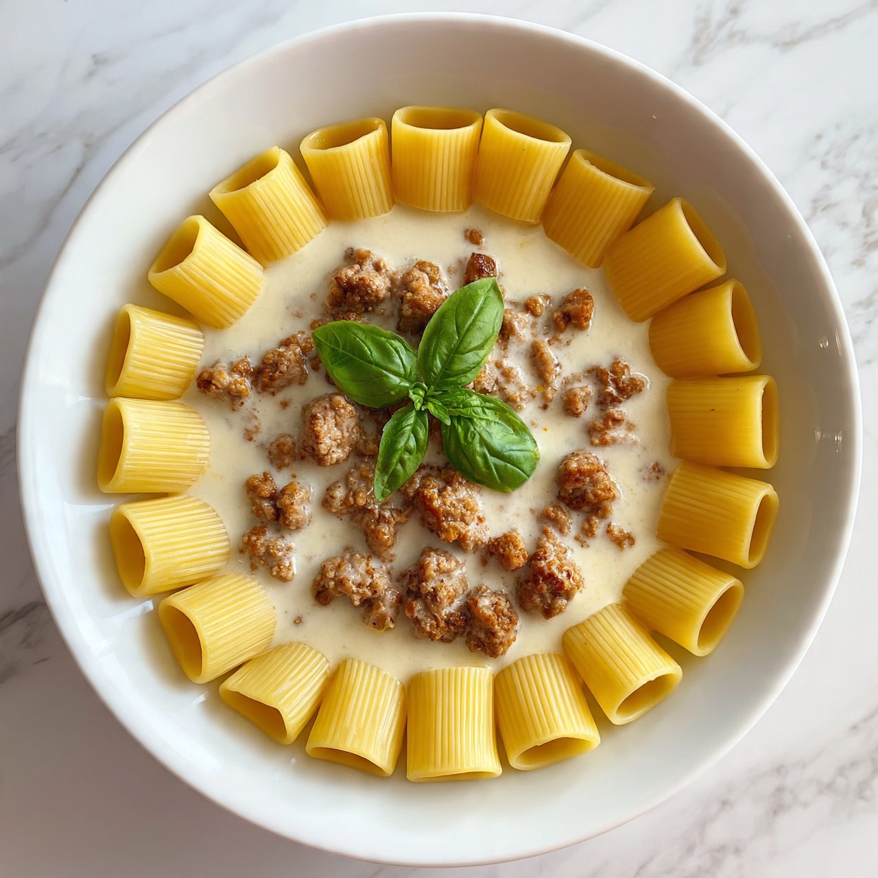 square image A white bowl filled with yellow pasta tubes arranged in a ring around the edges. In the center is a creamy sauce with browned ground meat pieces scattered inside. A few fresh green basil leaves are placed on top of the sauce and pasta. The bowl sits on a white marbled surface. photo taken with an iphone --ar 4:5 --v 7
