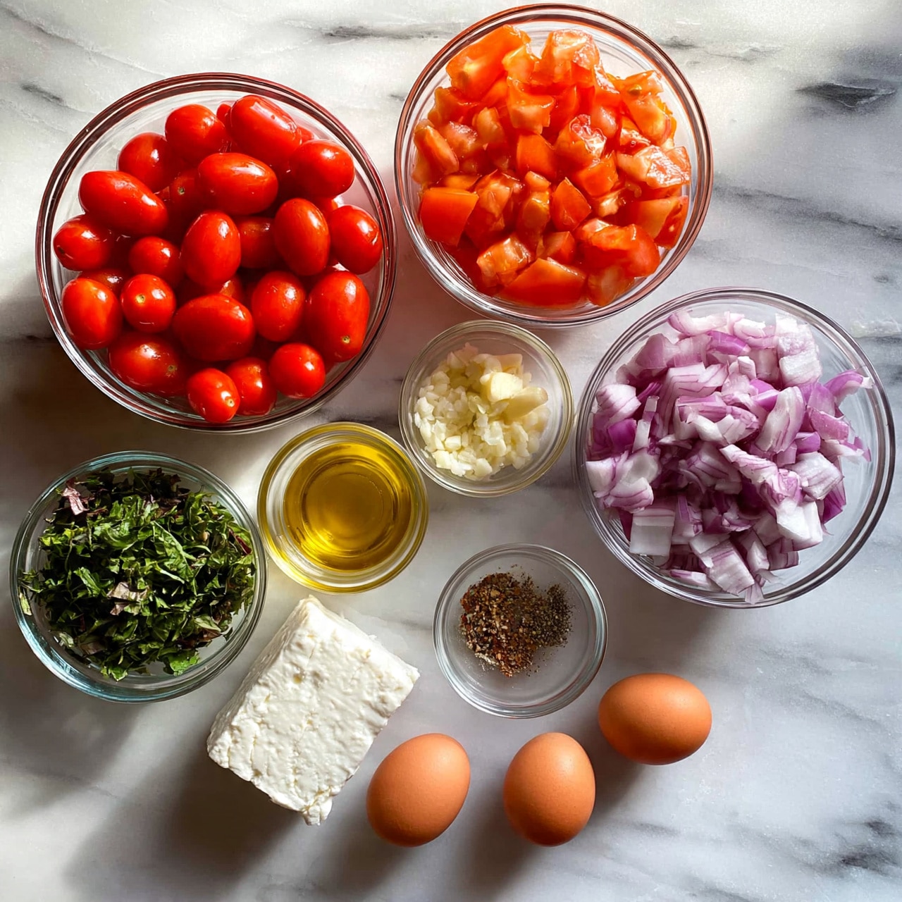 square image The image shows several clear glass bowls and a white block of feta cheese on a white marbled surface. There is one large clear glass bowl filled with small, bright red cherry tomatoes, another large bowl with chopped orange-red tomatoes, and a smaller clear bowl with chopped purple onions. In addition, there is a clear bowl with green mixed leafy herbs, a small clear bowl filled with golden olive oil, and a small clear bowl with minced garlic. Also present is a small clear bowl with mixed spices and another one with pepper. Three brown eggs are placed directly on the marbled surface near the bowls. The whole setup is neat and organized, ready for making a fresh salad or dish. photo taken with an iphone --ar 4:5 --v 7