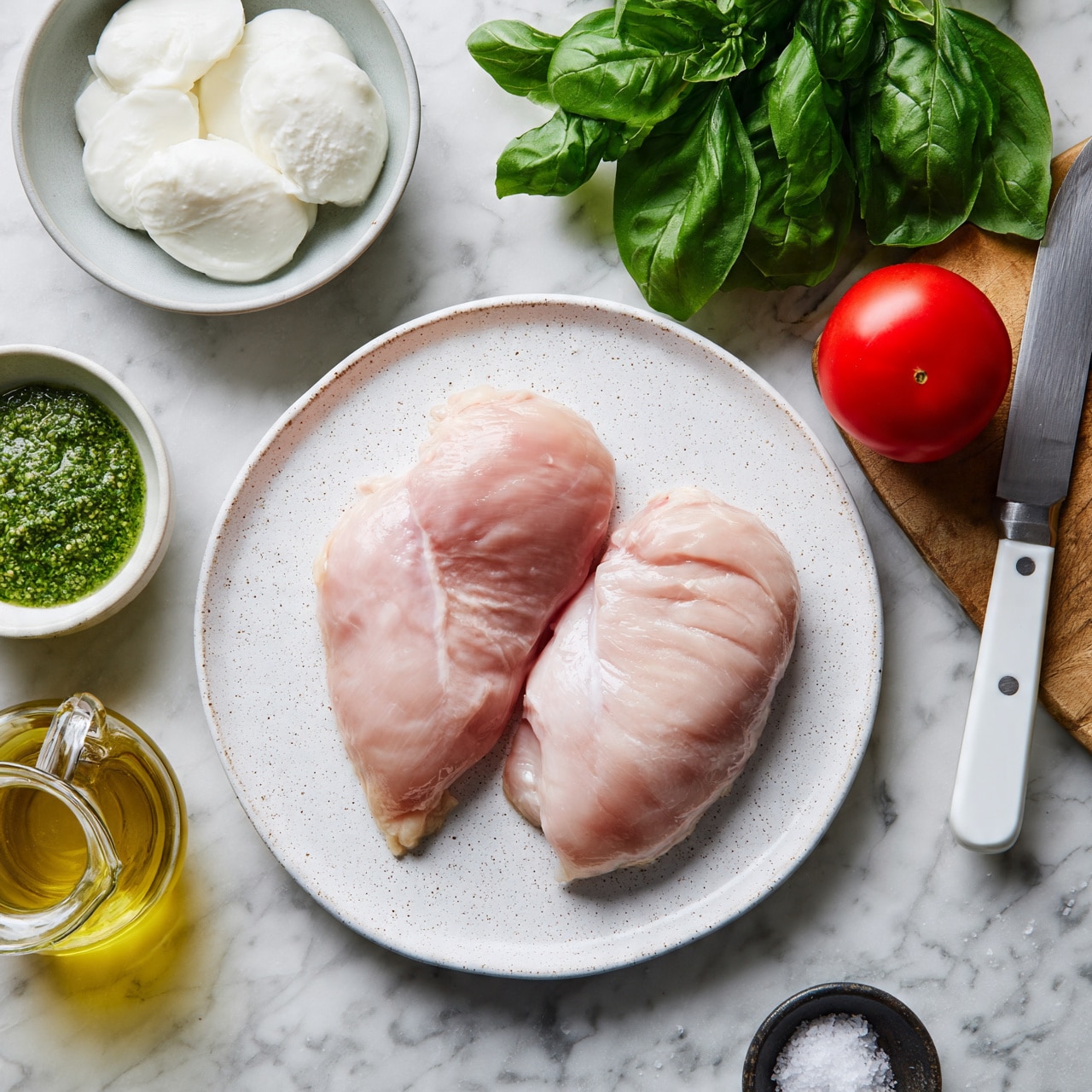 square image The image shows two raw pale pink chicken pieces on a white speckled plate in the center on top of a white marbled surface. To the upper left, there is a light gray bowl with white round mozzarella cheese slices. Below it, there is a small white bowl with green pesto sauce beside a small glass pitcher filled with golden yellow olive oil. To the upper right of the plate, a fresh bunch of bright green basil leaves is visible. Below the basil, a ripe red tomato rests on a wooden cutting board next to a white-handled knife with a silver blade. A small dark bowl with white salt grains is placed near the bottom right corner. Photo taken with an iphone --ar 4:5 --v 7
