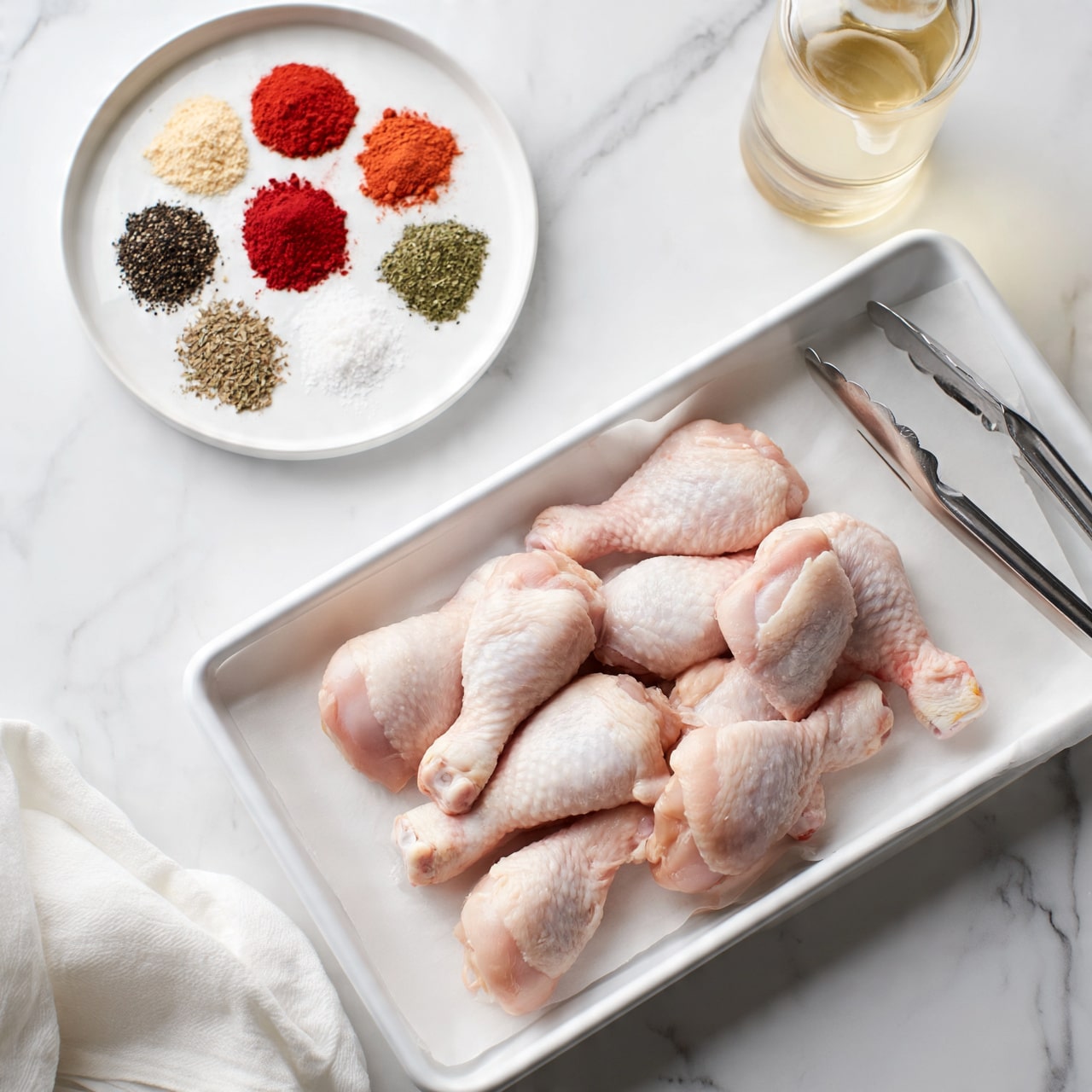 square image The image shows a white metal tray filled with raw chicken drumsticks neatly arranged, resting on white parchment paper on top of a white marbled surface. Above the tray to the left, there is a round white plate holding six small piles of spices: black pepper, garlic powder, paprika, cayenne pepper, salt, and dried herbs, each with distinct colors like black, off-white, bright red, orange-red, white, and green. To the right of the plate, a clear glass bottle filled with light yellow oil adds a touch of shine. A folded white cloth is partly visible at the bottom left corner next to the tray, and a pair of silver tongs rests at the top right of the tray. The overall setup is clean and bright. Photo taken with an iphone --ar 4:5 --v 7 square image