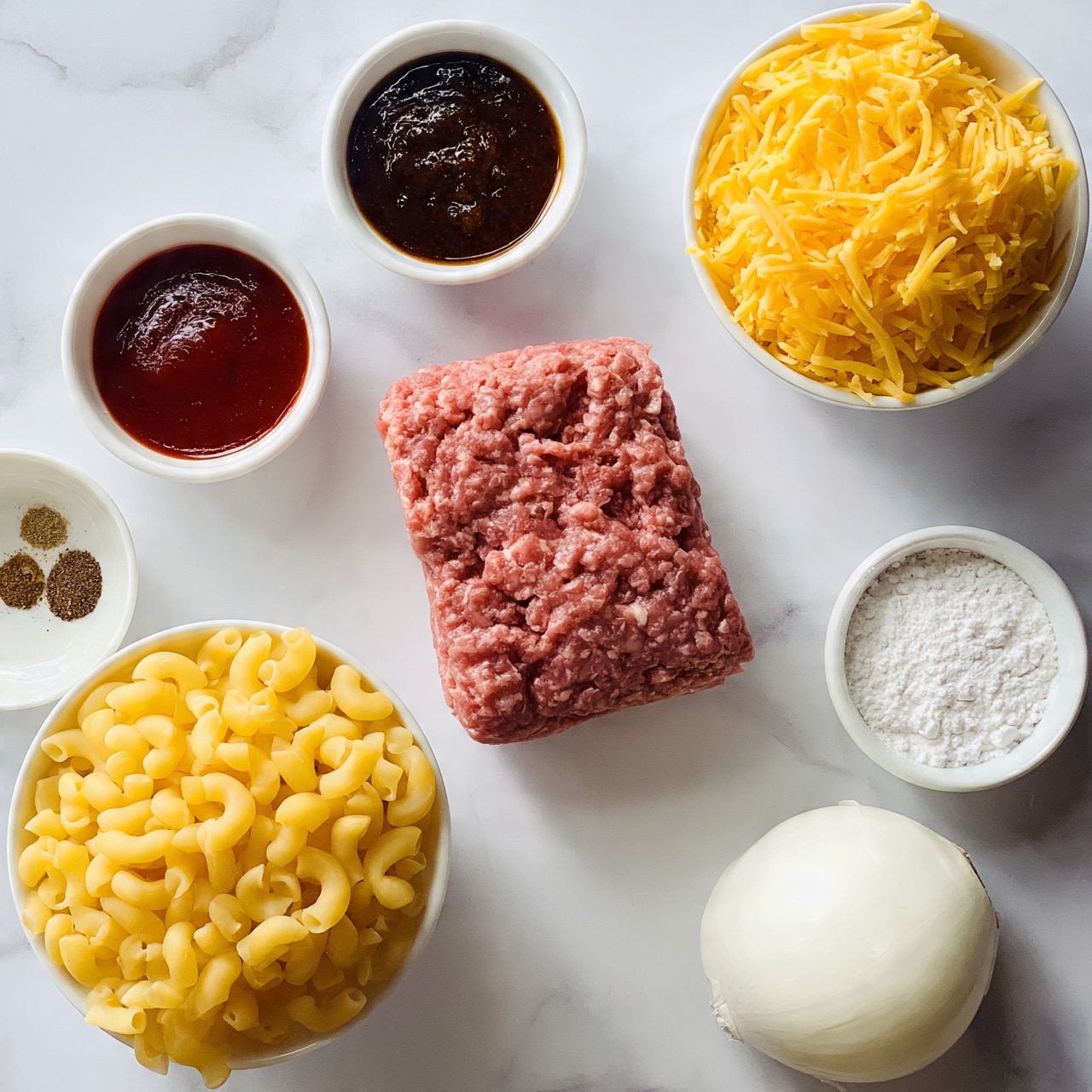 square image The image shows ingredients on a white marbled surface with a white bowl holding macaroni pasta in the bottom left and a white bowl with shredded yellow cheese in the top right. In the center is a block of raw ground meat with a pink color. Surrounding these are small white bowls: one at the top with dark brown sauce, one in the middle left with red sauce, one at the bottom left containing three spices, and another at the bottom right filled with white powder. A whole white onion lies at the bottom right next to the bowl with white powder. photo taken with an iphone --ar 4:5 --v 7